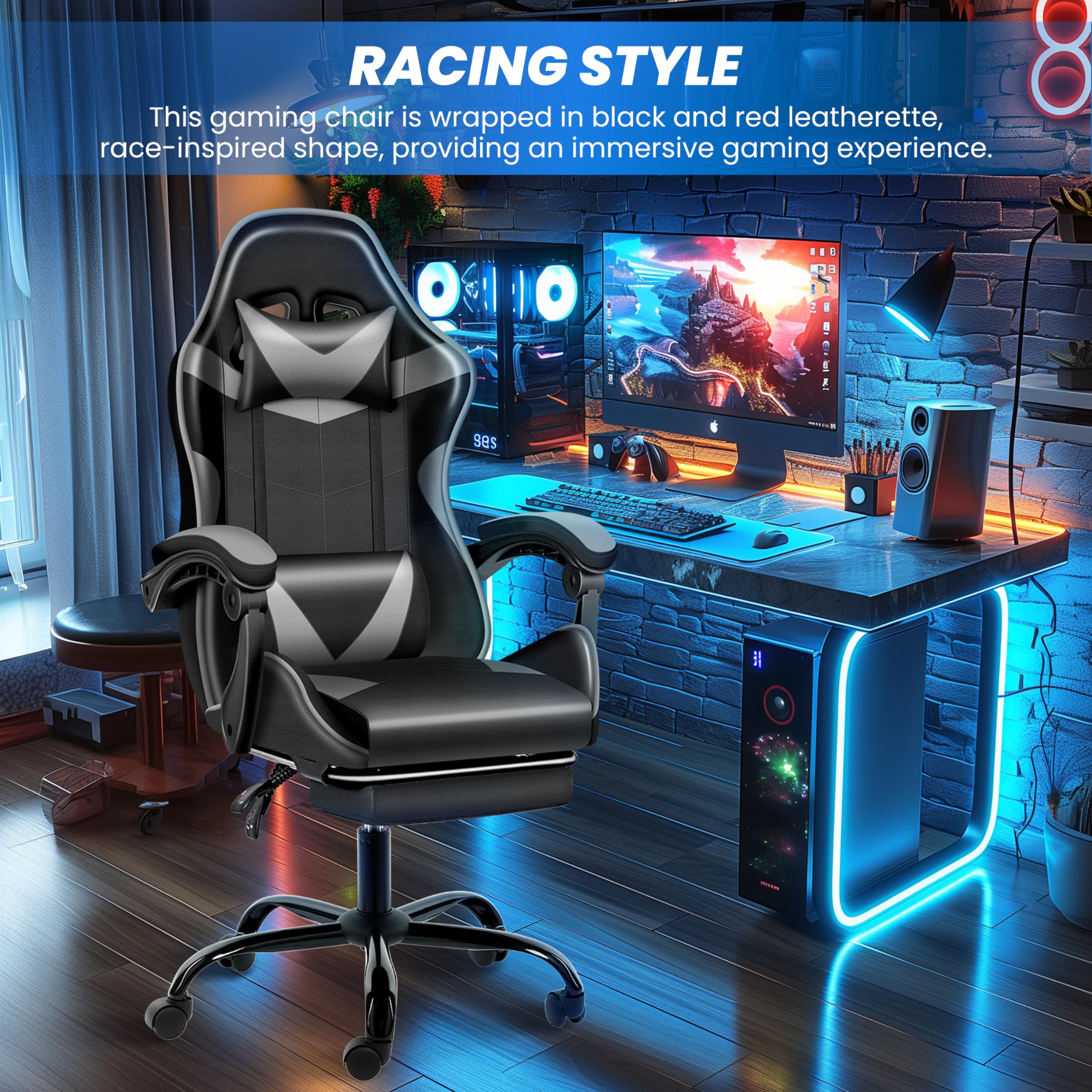 YSSOA Ergonomic Gaming Chair with Adjustable Footrest - Big and Tall Racing Style Office Chair with Headrest & Lumbar Support - Perfect for PC Gaming, Esports, and Home Office Workspace