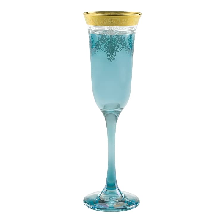 Elegant Modern Glass Drinkware Set - 9 oz. Blue Champagne Flutes with Gold Band, Set of 6 - Perfect for Parties, Weddings & Special Events