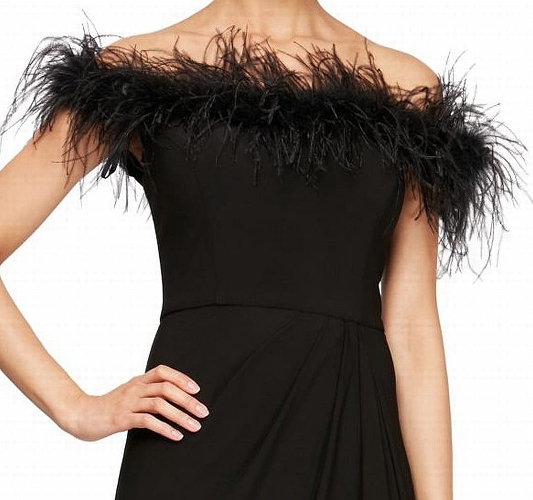 Alex Evenings Women's Long Off-Shoulder Formal Gown with Front Slit & Feather Neckline - Elegant Evening Dress for Prom, Wedding, Black Tie Events & Special Occasions