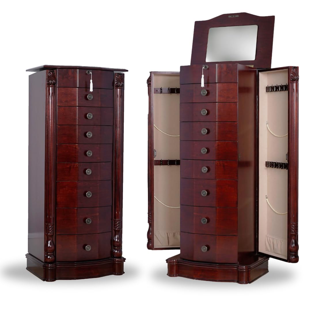 Alveare Home - Louisa Locking Jewelry Armoire with Mirror, Cherry Wood Jewelry Storage Cabinet for Necklaces, Rings & Earrings - Perfect for Bedroom, Closet or Dressing Room Organization