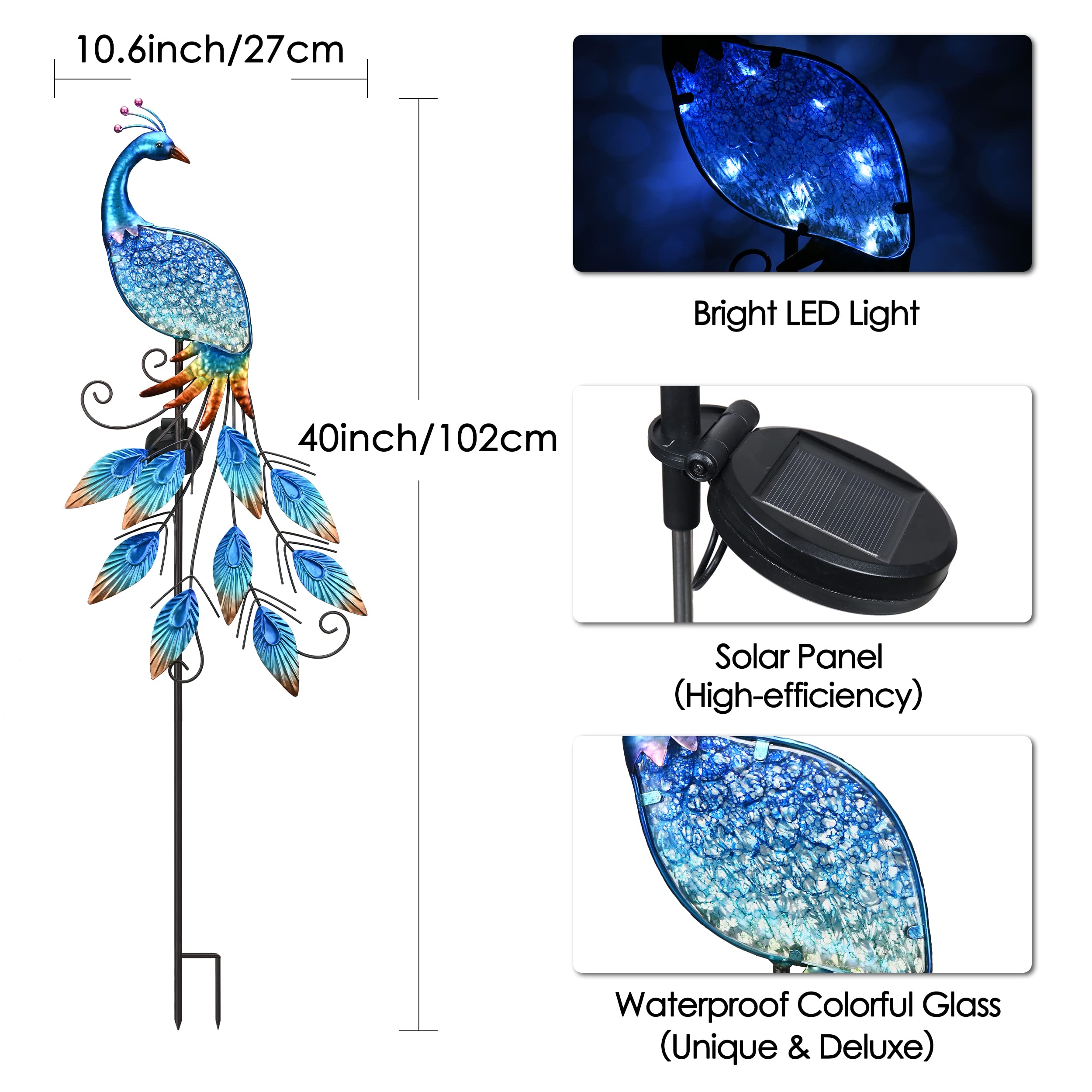 Solar-Powered Blue Peacock Garden Decor - 40