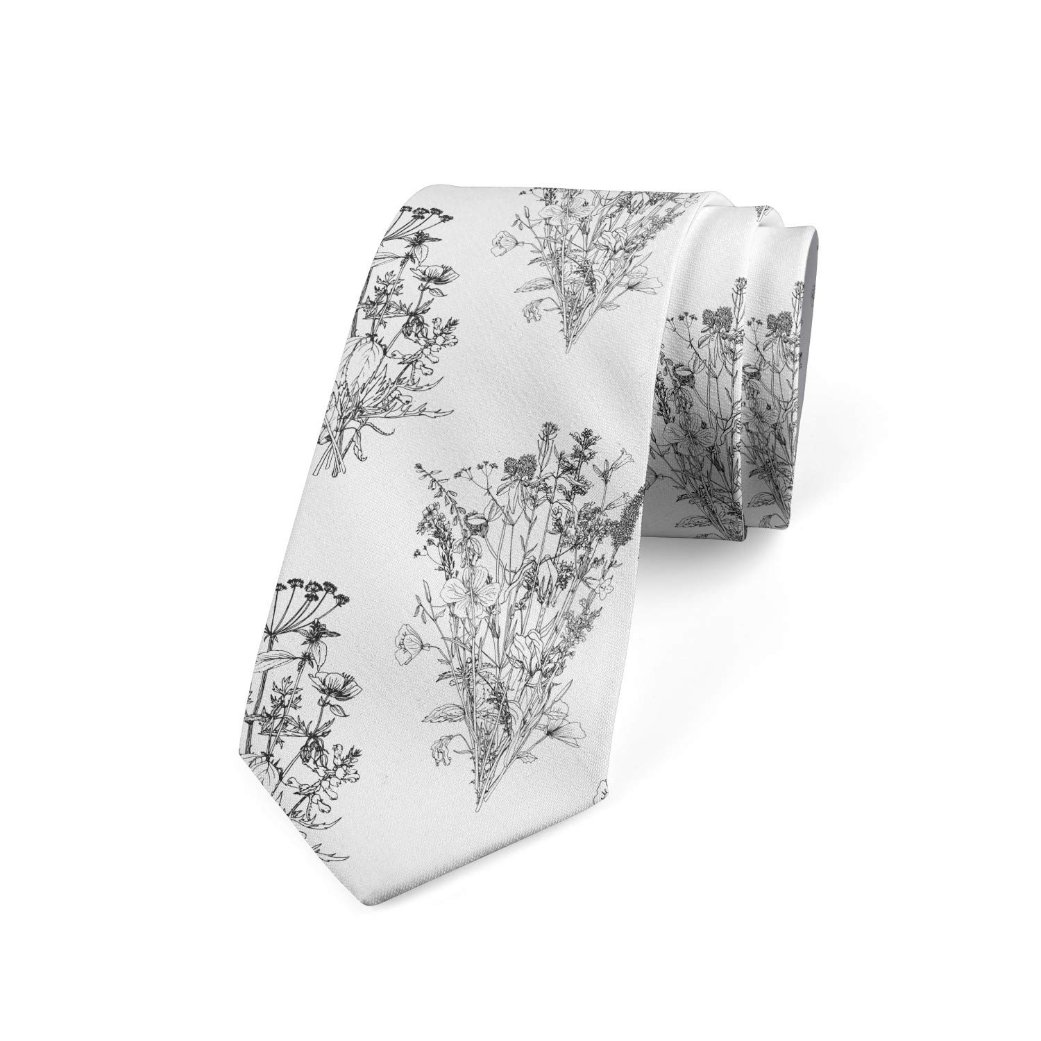 Ambesonne Men's Necktie - Elegant Outline Wild Flowers & Plants Design, 3.7