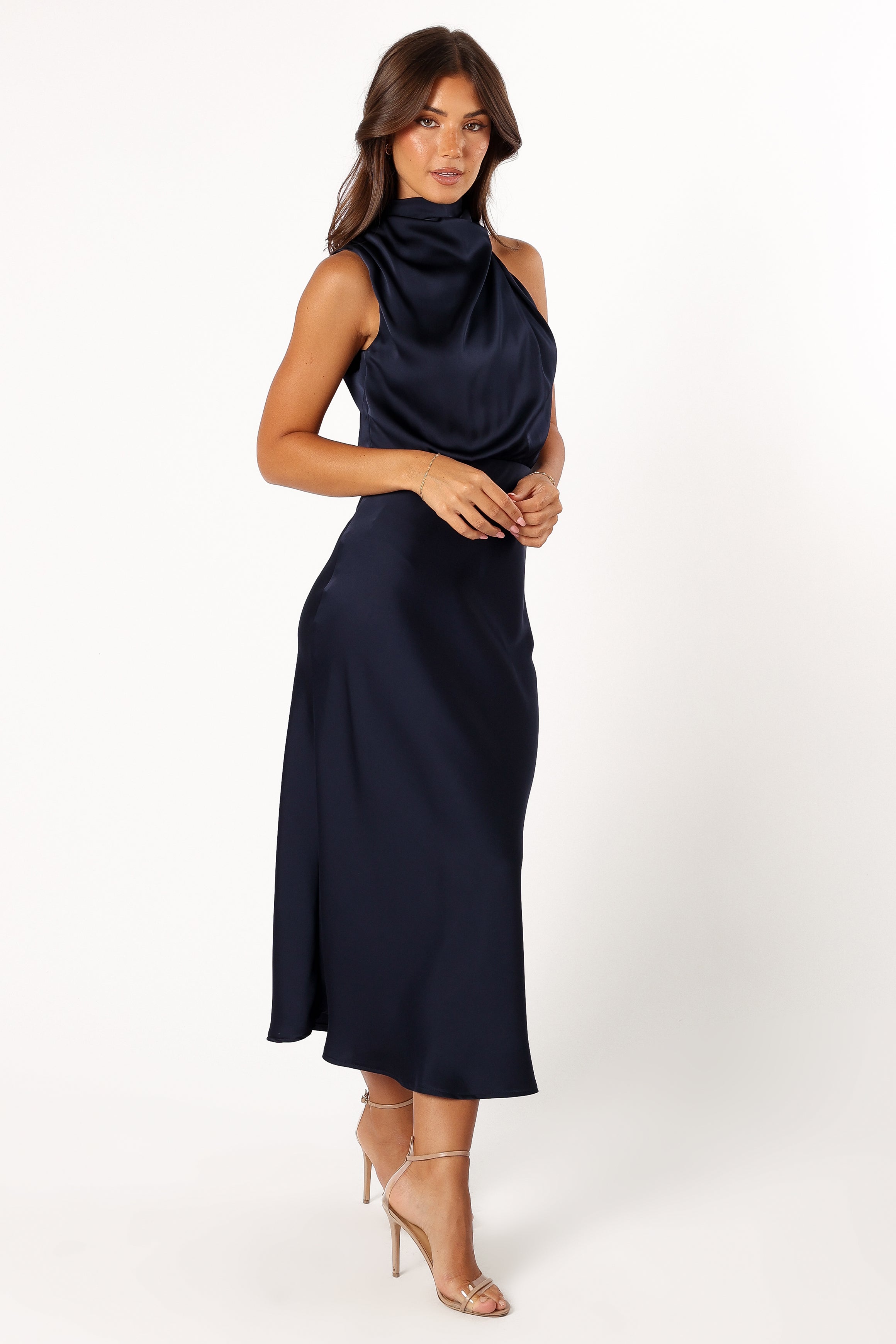 Anabelle Women's Halter Neck Midi Dress - Navy Blue Flowy Summer Dress for Beach, Wedding & Party | Casual Elegant A-Line Dress with Side Slit