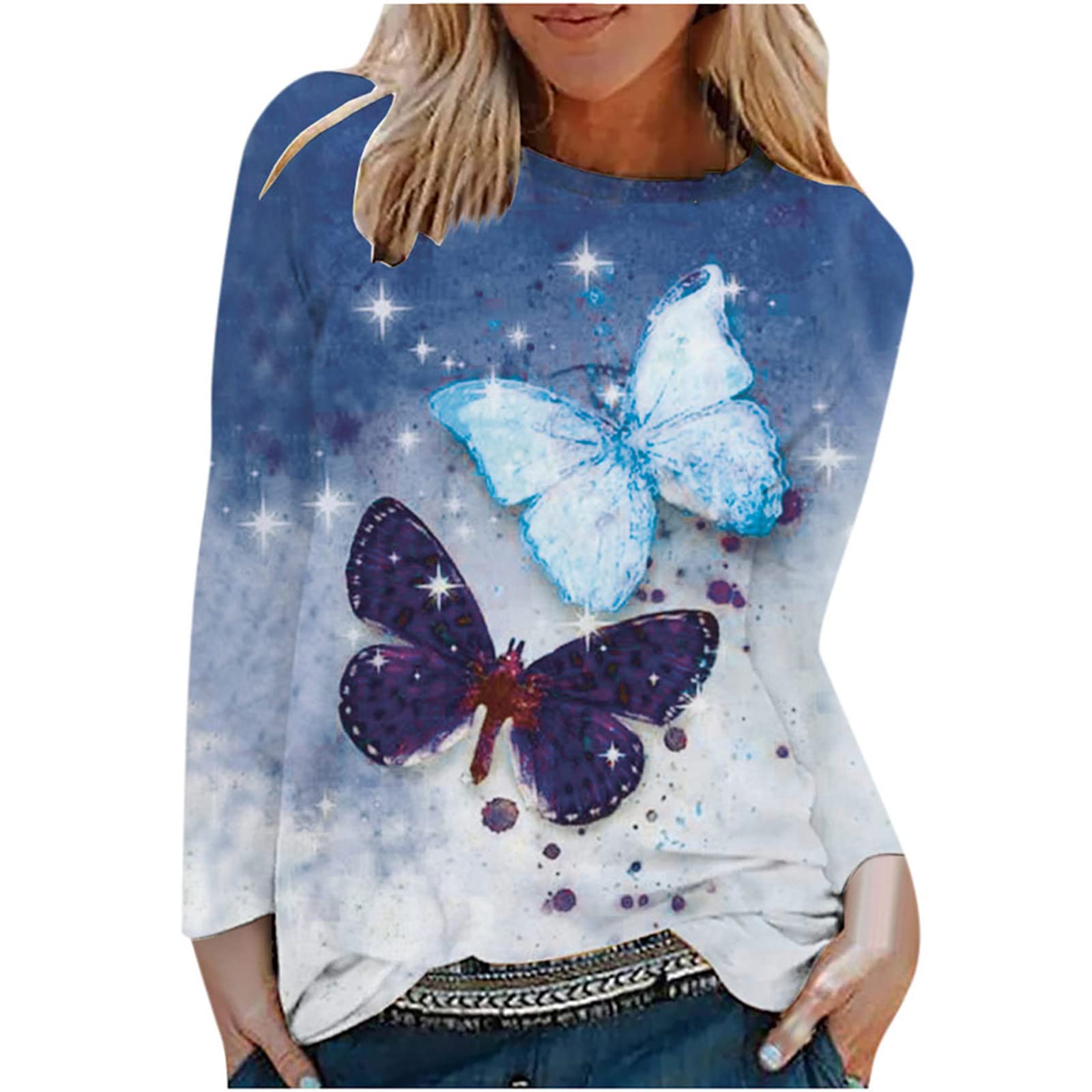 Women's Casual Long Sleeve T-Shirt with Cute Butterfly Print - Lightweight Loose Fit Round Neck Top for Everyday Wear, Work & Outings