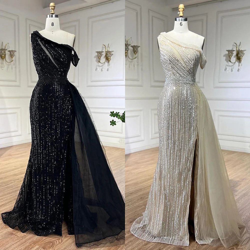 Serene Hill Yellow One Shoulder Black High Slit Mermaid Beaded Evening Dress for Women - Elegant Wedding Party Gown 2025 LA72424 | Perfect for Prom, Cocktail Party & Formal Events