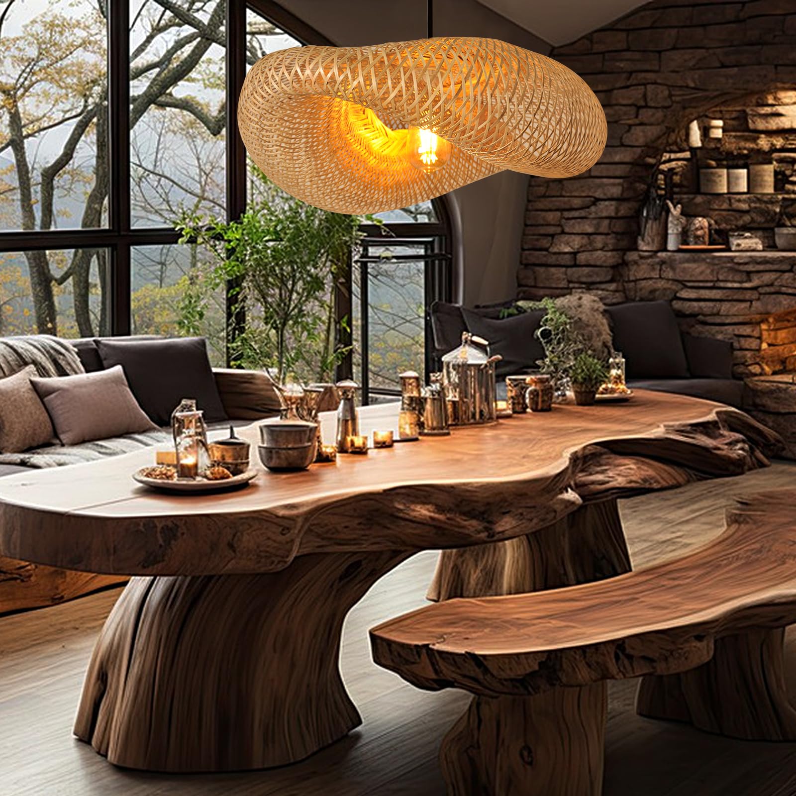 Farmhouse Bamboo Pendant Light Fixtures - Adjustable Rattan Chandelier for Kitchen Island, Living Room & Dining Room | Rustic Ceiling Hanging Lamp with Bird's Nest Design | Perfect for Bedroom, Entryway & Home Decor | Creates Cozy Ambiance for Family Gatherings