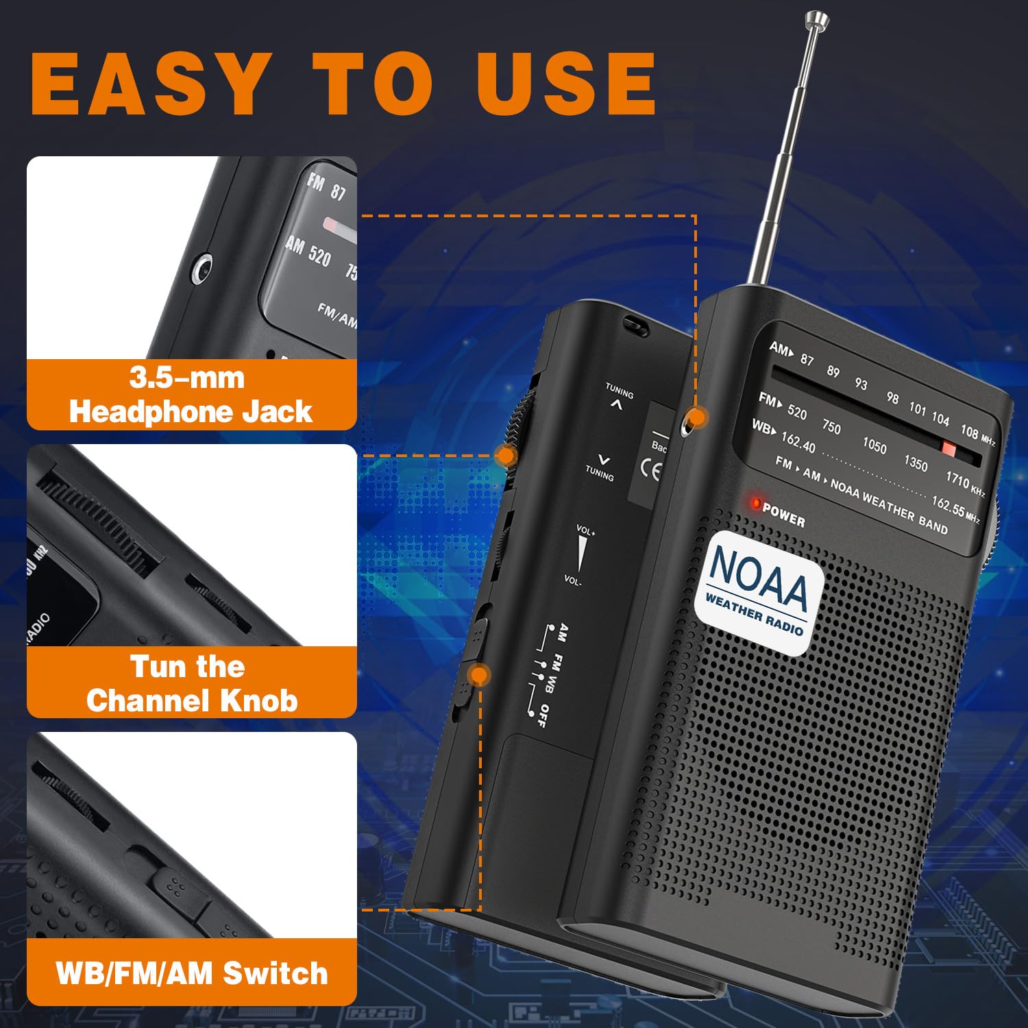 NOAA Weather Radio with Best Reception - AM/FM Portable Radio with 2 AA Batteries, Loud Speaker & Headphone Jack - Ideal for Emergency, Outdoor Camping & Home Use - Black