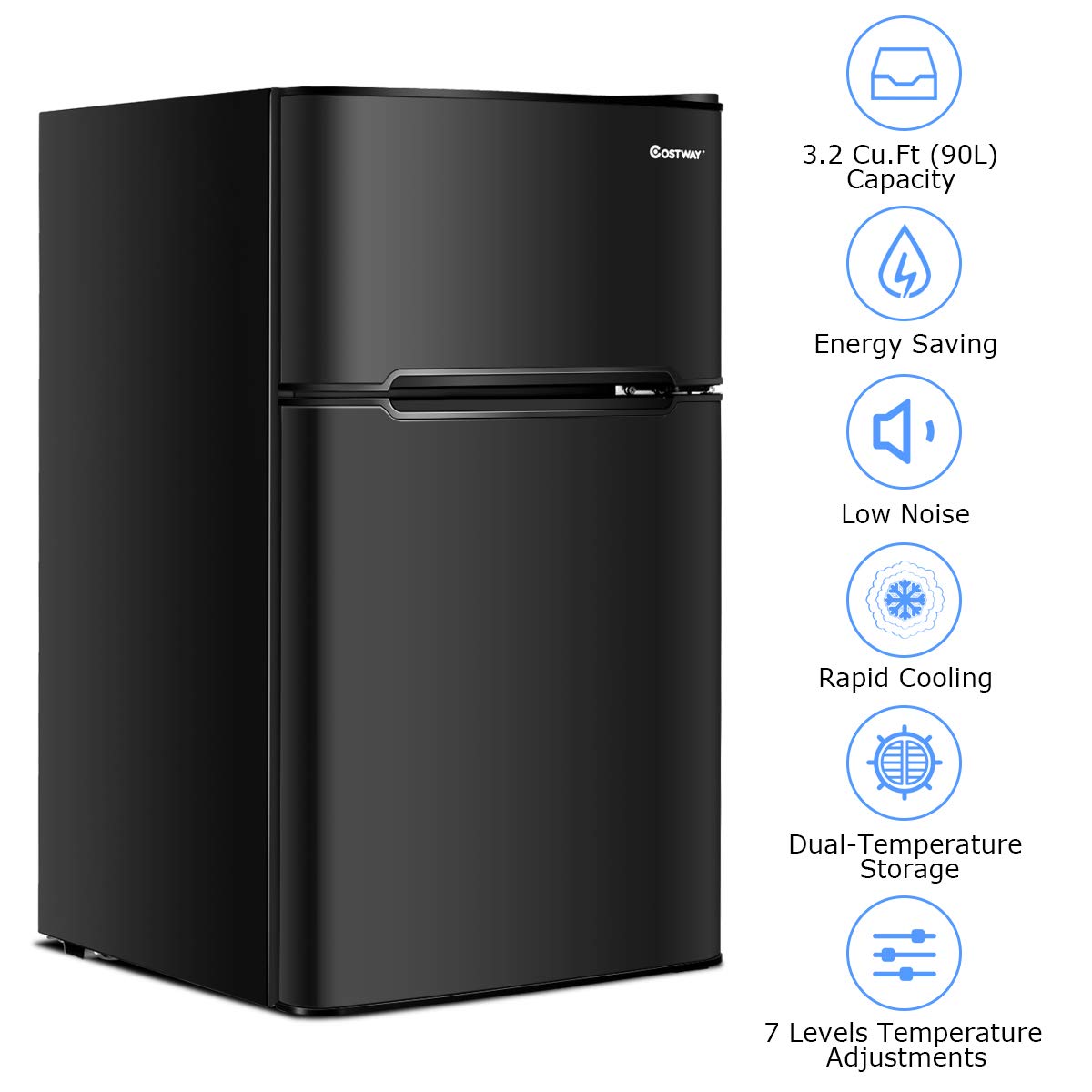 COSTWAY 3.2 cu ft Compact Refrigerator with Freezer | 2-Door Mini Fridge with Reversible Door, Removable Glass Shelves & Mechanical Control | Perfect for Dorm, Office, Apartment, RV & Small Spaces (Black)