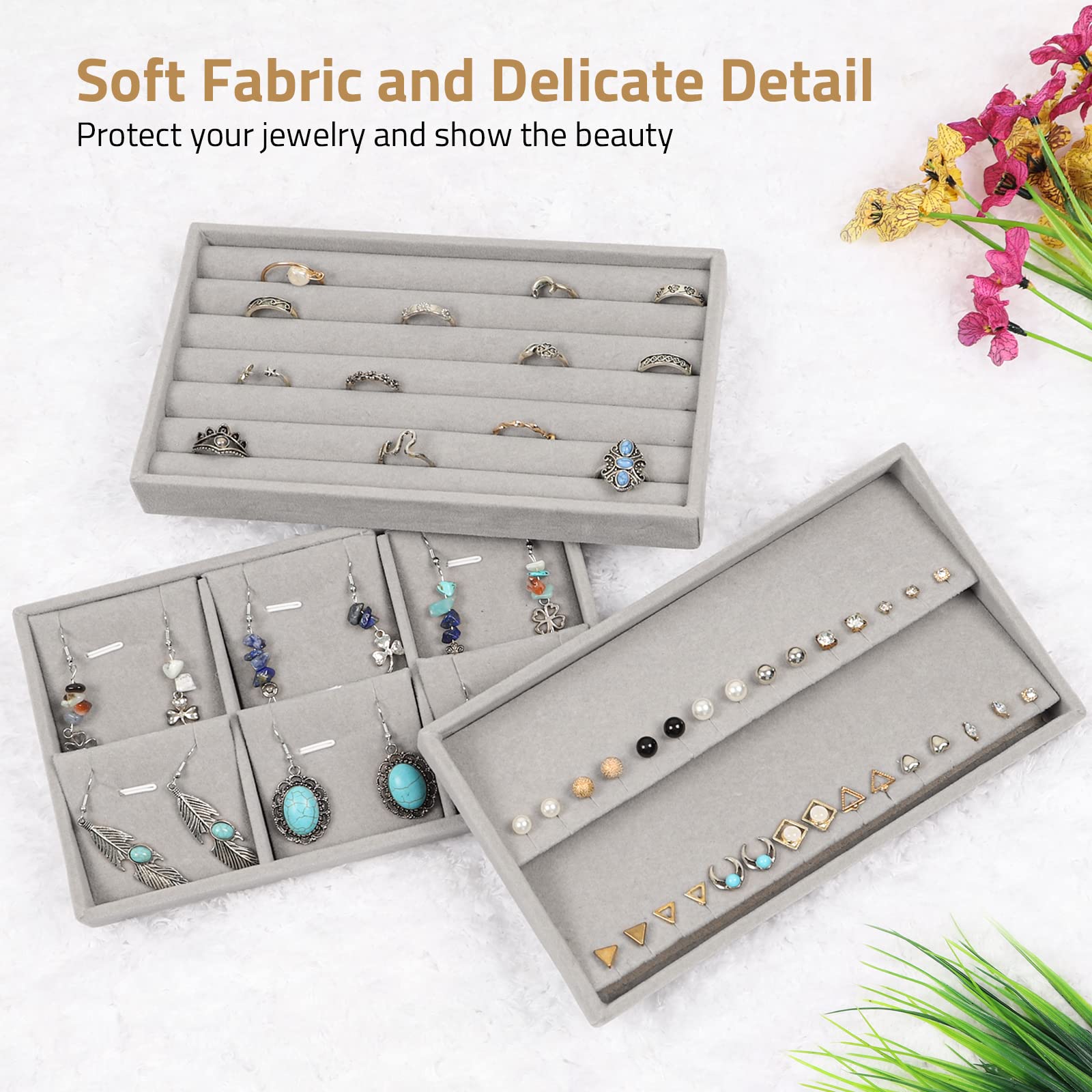 STYLIFING 6-Pack Velvet Jewelry Organizer Trays - Stackable Jewelry Display Case for Dresser Drawer | Ring, Earring, Necklace & Bracelet Holder | Perfect for Bedroom, Closet & Travel Organization