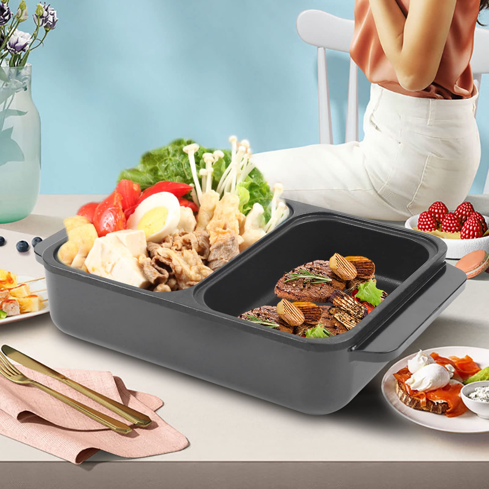 2-in-1 Electric Hot Pot & Grill - Non-Stick Indoor Smokeless Korean BBQ with Independent Temperature Control, Portable Multi-Cooker for 1-2 People (Black) | Perfect for Dorm Rooms, Small Apartments & Camping Trips