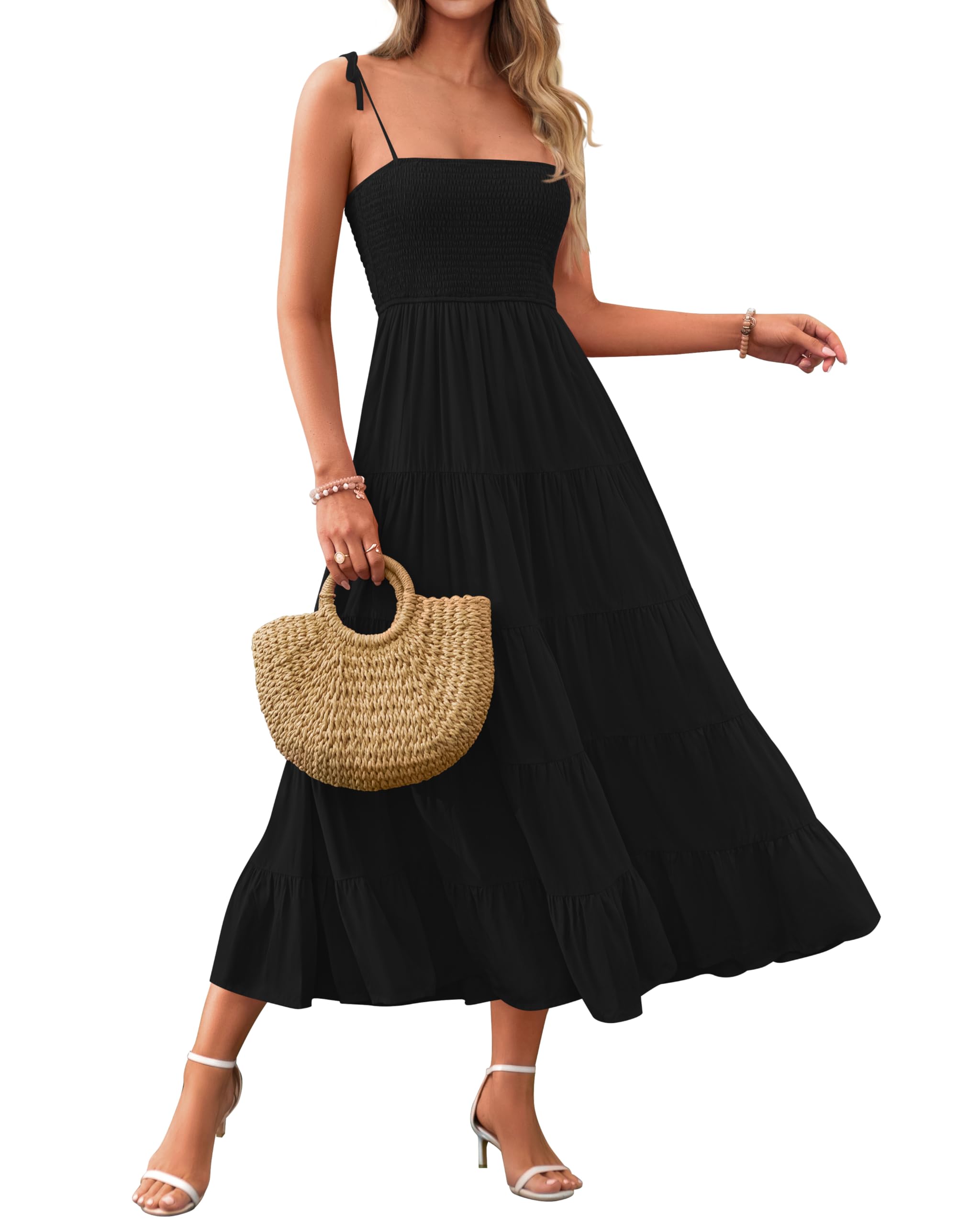 PRETTYGARDEN Women's Summer Dresses 2025 - Spaghetti Strap Sleeveless Backless Smocked A-Line Boho Flowy Midi Beach Dress for Vacation, Party & Casual Wear