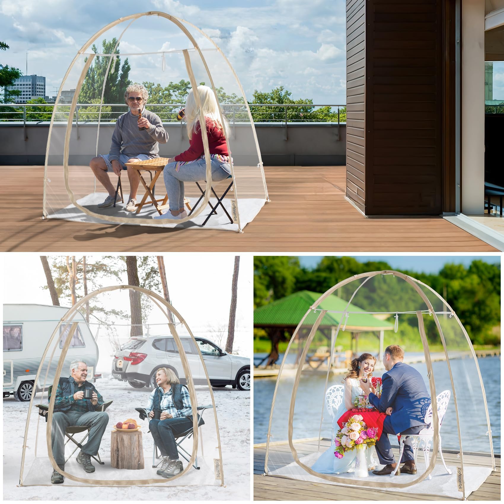 EighteenTek Clear Sports Tent - 540° Transparent PVC Pop-Up Canopy for Camping, Garden & Backyard | Weatherproof Greenhouse Shelter for Outdoor Activities, Patios & Cold Protection | Perfect for Picnics, BBQs & Seasonal Plant Protection