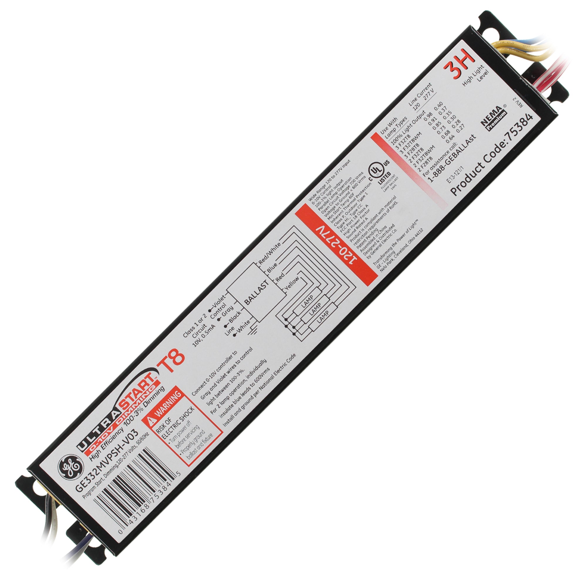 GE GE332MVPSH V03 75384 Fluorescent Dimming Ballast - 3 Lamp, 32W T8, 120/277V - Perfect for Commercial Lighting & Energy-Efficient Office Spaces