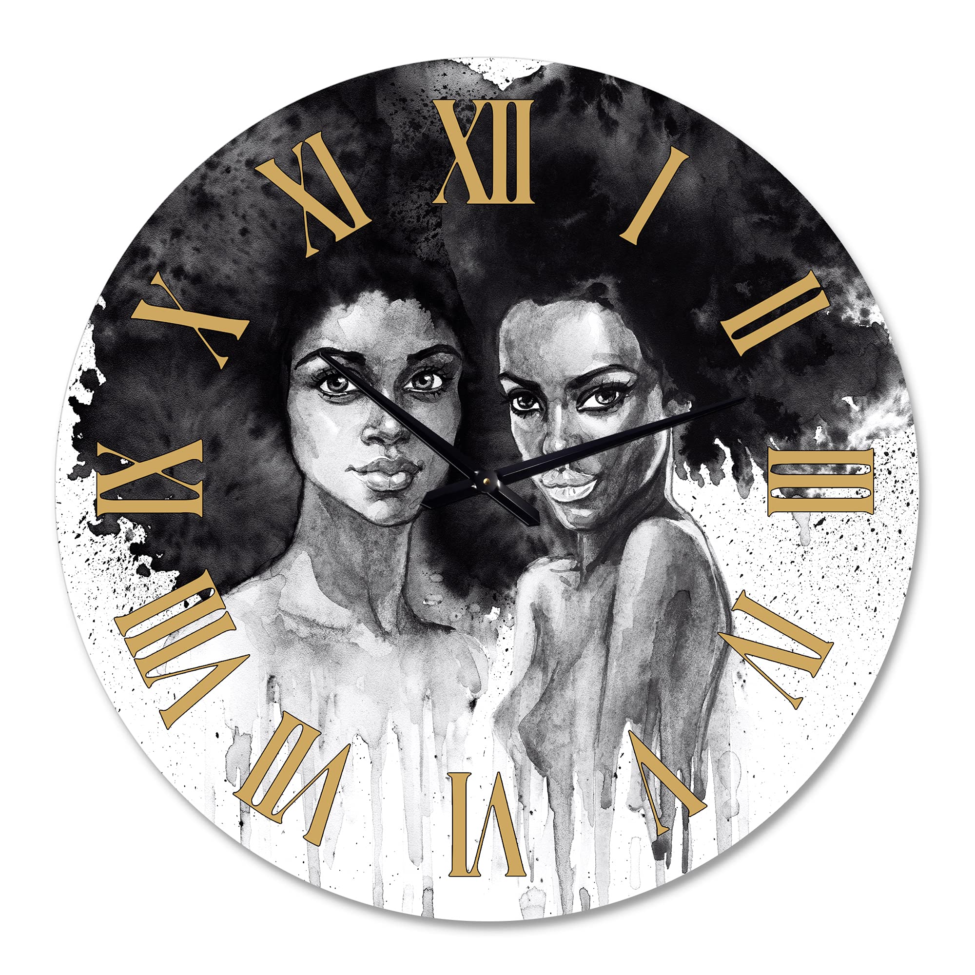 DesignQ Modern Wall Clock - Portrait of African American Woman XI - Large Decorative Wall Clock for Living Room, Bedroom & Office - Unique Home Decor Gift Idea