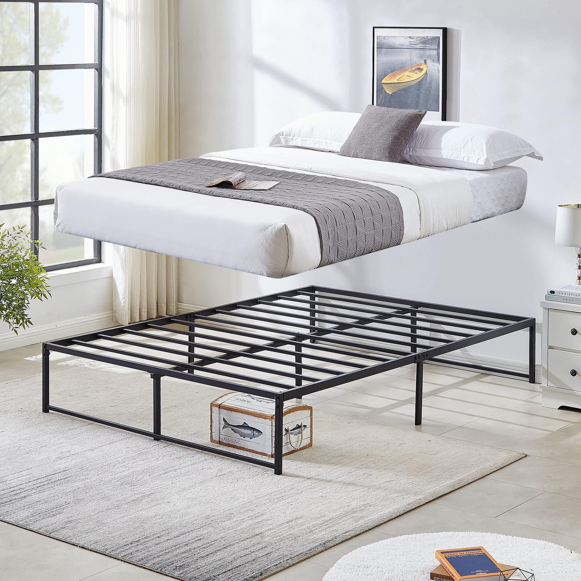 VECELO 14 Inch Metal Platform Bed Frame with Mattress Foundation, Queen Size - No Box Spring Needed | Sturdy Steel Slat Support for Modern Bedrooms, Guest Rooms & Dormitories