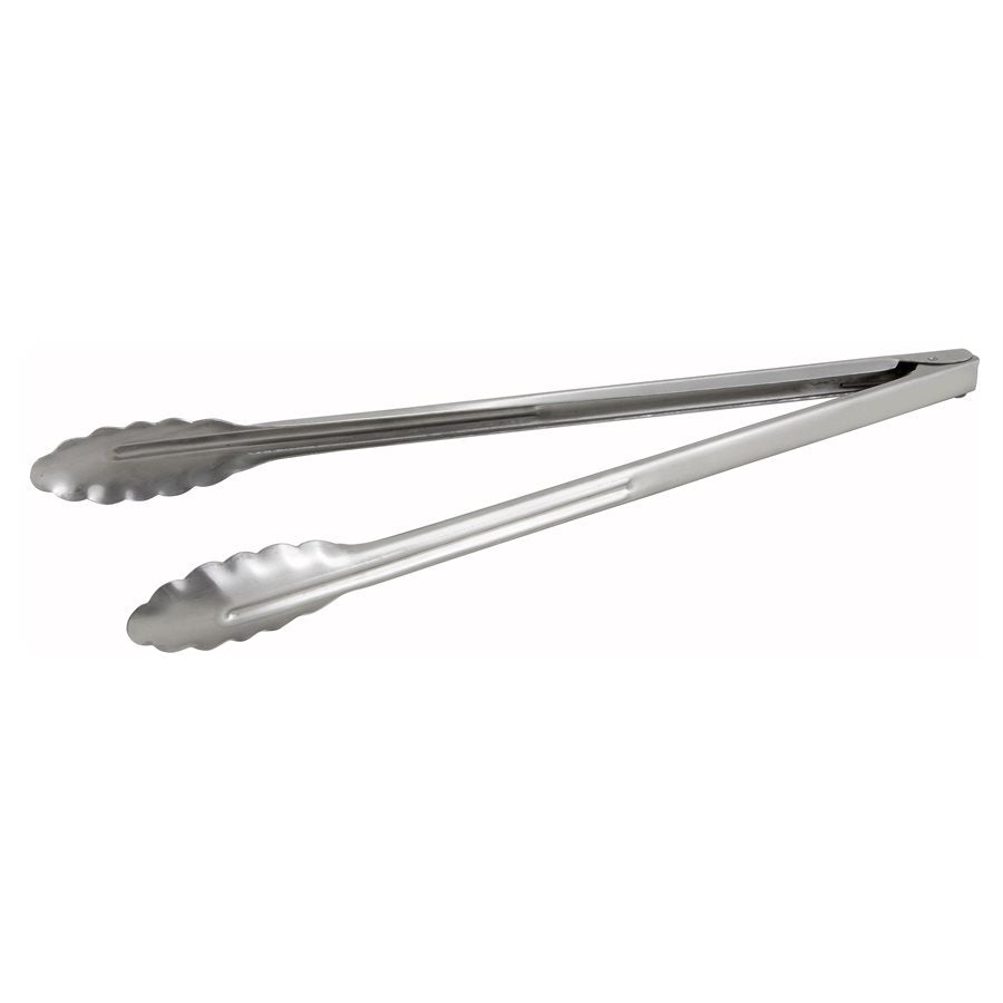 Winco UT 16 Stainless Steel Scalloped Utility Tongs - 16 Inch Kitchen Cooking Tongs for Grilling, Serving, Salad, BBQ & Food Handling