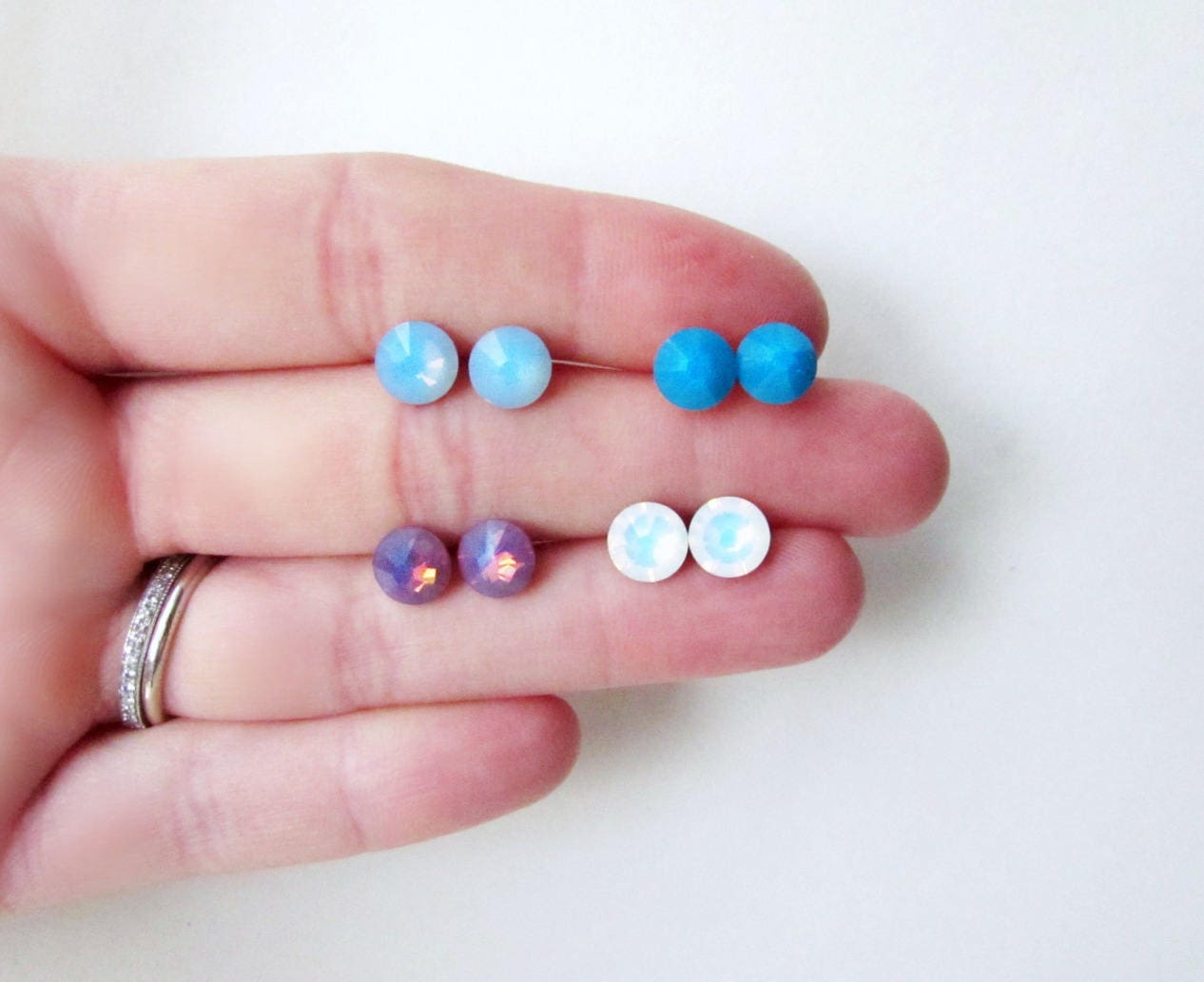 White Opal Earrings for Women - 7mm Hypoallergenic Opalite Crystal Stud Earrings with Swarovski Elements | Simple Elegant Bridal Jewelry Gift for Wedding, Anniversary & Everyday Wear