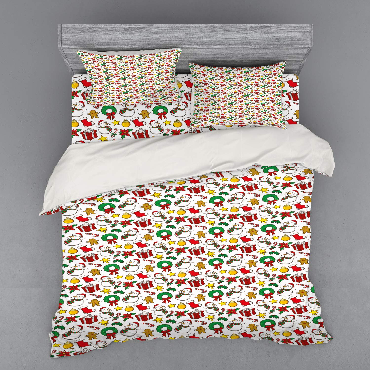 Ambesonne Christmas Duvet Cover Set - Snowman & Poinsettia Floral Print 4-Piece Bedding Set with Pillow Shams & Fitted Sheet, King Size, Holiday Home Decor for Winter Bedroom