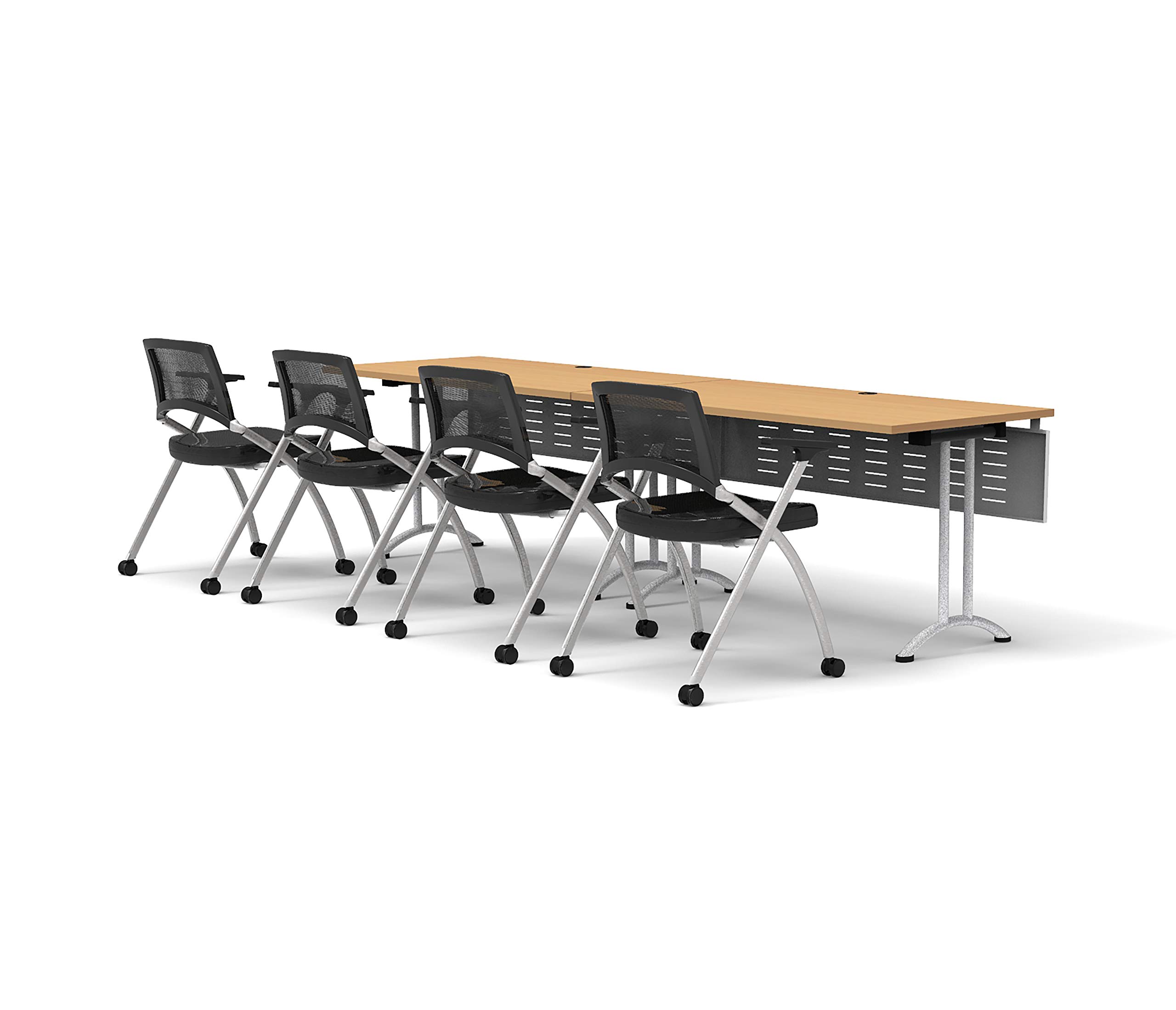 4-Person Folding Conference Table Set with 8pc Beech Chairs & Modesty Panels - Connectable Training Tables for Classrooms, Seminars & Meetings - Space-Saving Nesting Design for Compact Storage - Ideal for Office Training, School Classrooms & Conference Room Setup