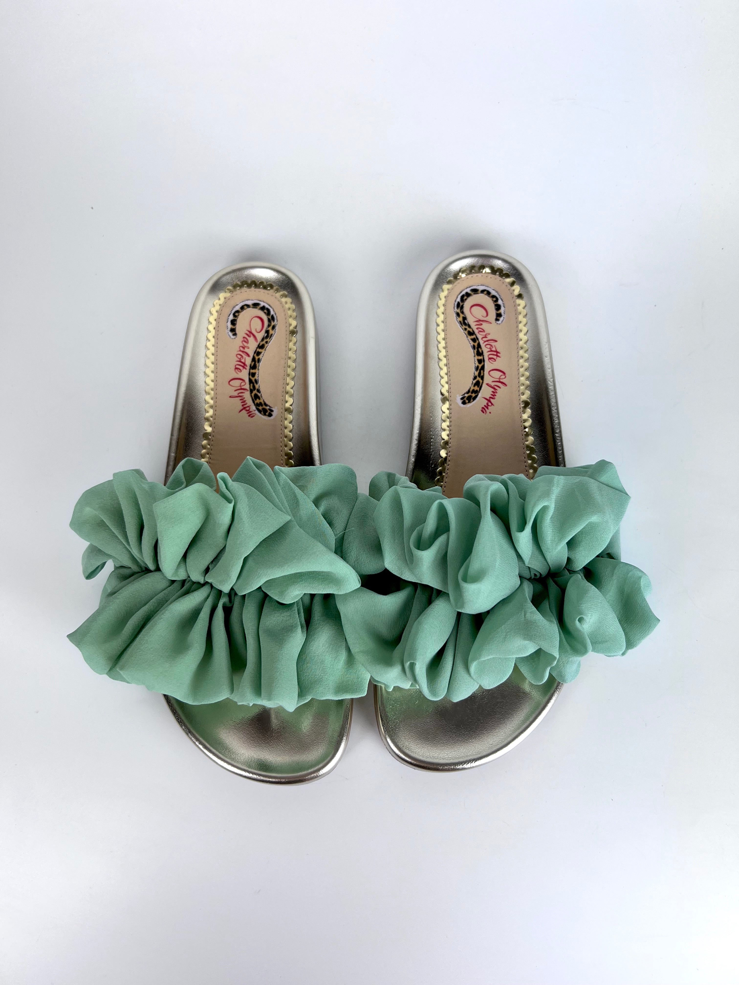 Charlotte Olympia Green Aqua Ruffle Ciabatta Sandals Size 39 - Perfect for Beach Vacations & Summer Outings