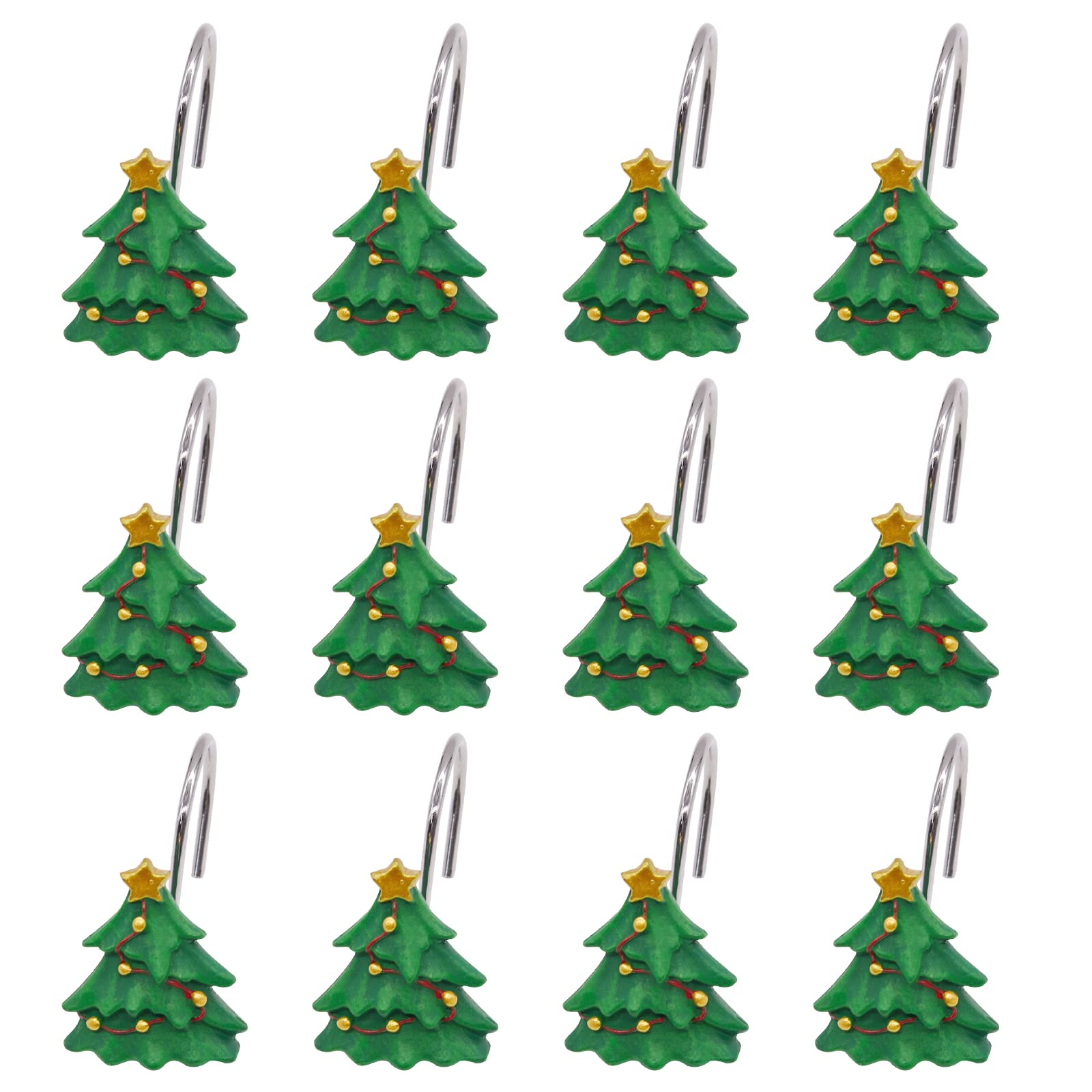 Christmas Tree Shower Curtain Hooks - 12 Pack Resin Bathroom Hooks for Holiday Decor, Xmas Curtain Accessories for Bedroom & Bath - Green Christmas Decorations (Perfect for Holiday Home Decor, Christmas Party & Festive Bathroom Styling)