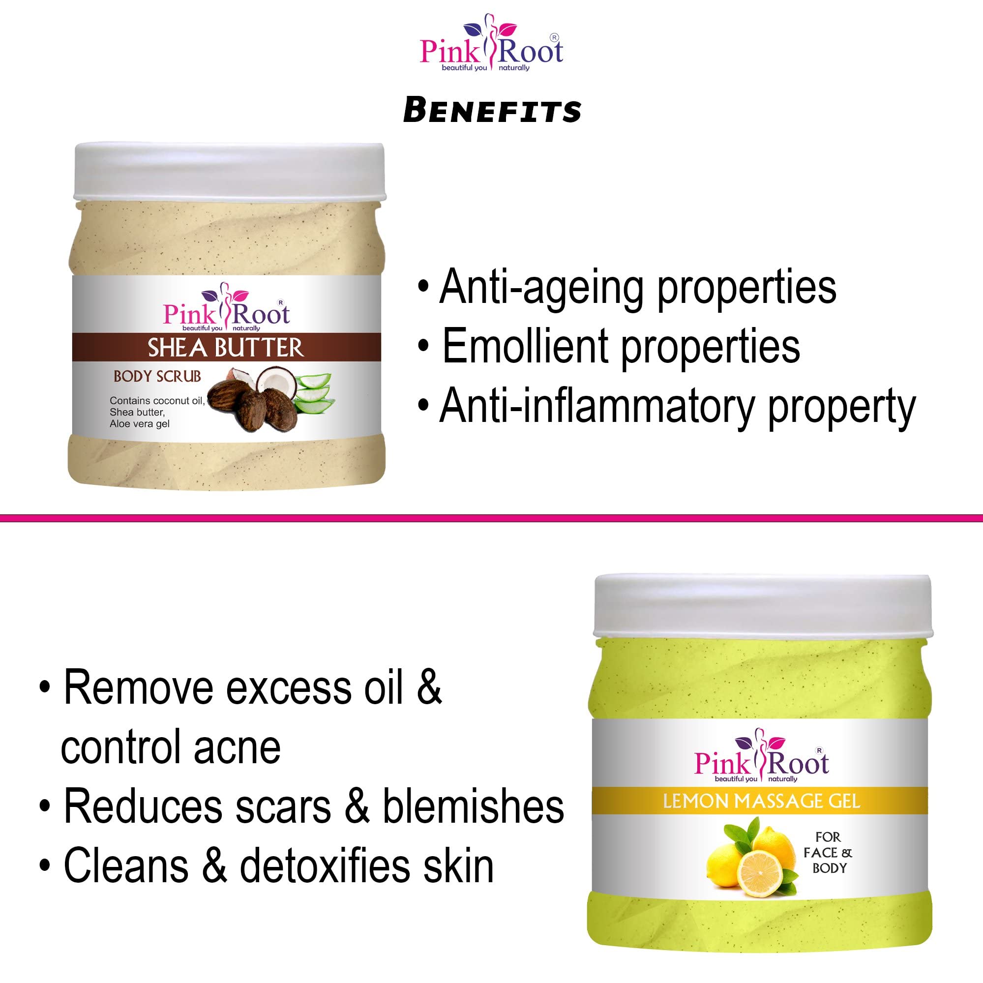 Pink Root Lemon Massage Gel with Shea Butter Scrub - 500ml Set for Relaxation & Skin Care | Perfect for Spa, Home Massage & Body Exfoliation