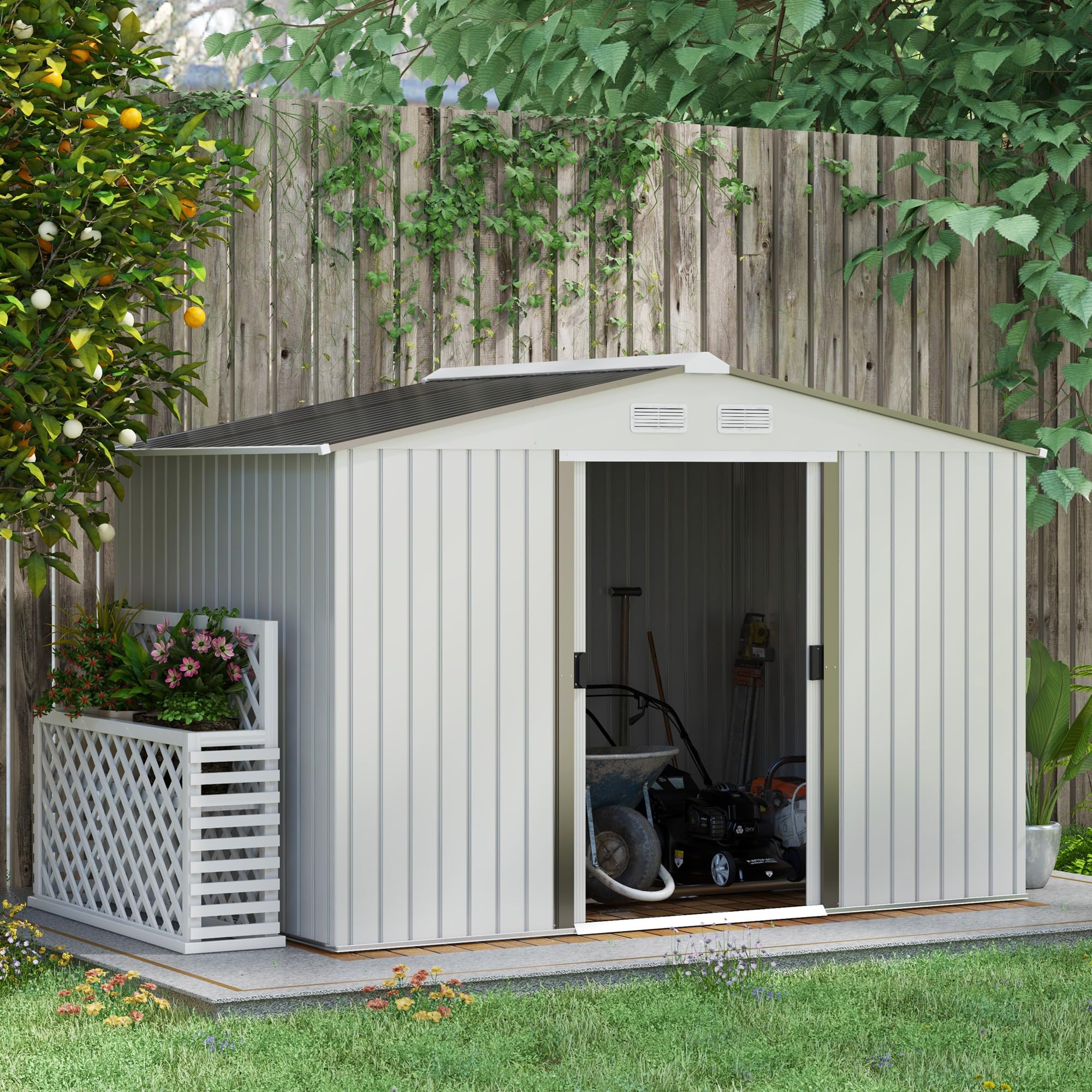 Outsunny 9' x 6' Outdoor Metal Storage Shed with Foundation Kit - Double Lockable Doors, Air Vents & Sloping Roof - Durable Garden Tool Shed for Backyard, Patio, Lawn (Silver) - Perfect for Storing Lawn Mowers, Bikes & Seasonal Items