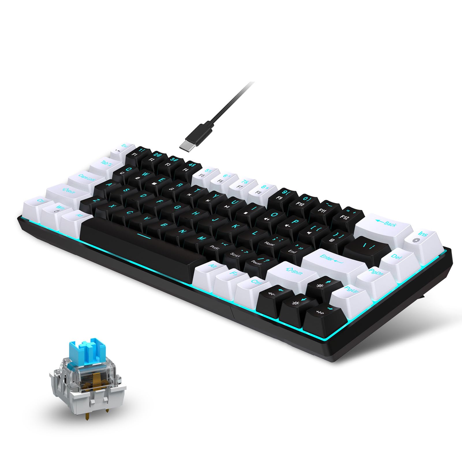 Gearwell 68 Key RGB Mechanical Gaming Keyboard for PC - Compact Wired Keyboard with Customizable Backlight, White & Black - Perfect for Gaming, Typing & Office Work