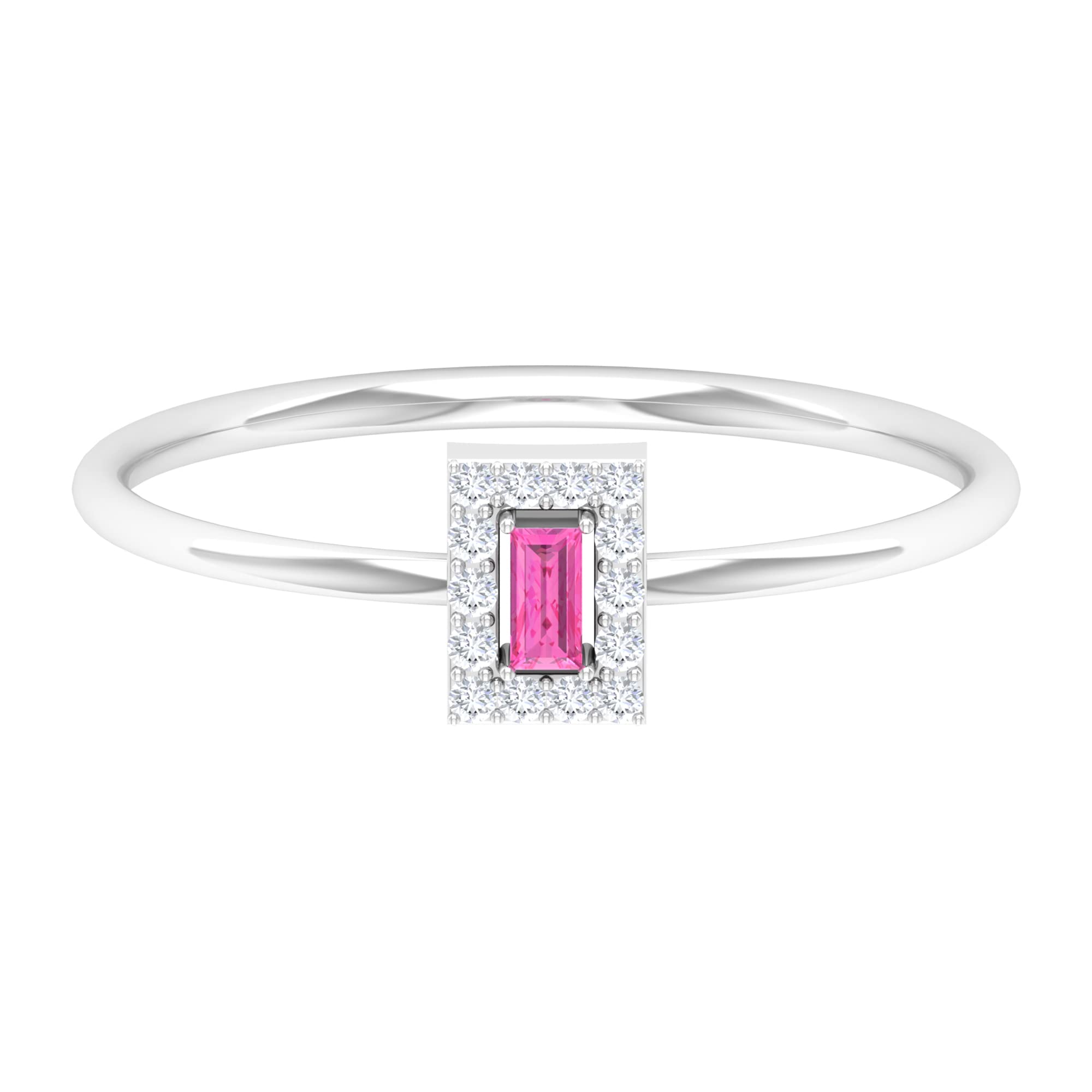 14K Solid Gold Pink Sapphire Promise Ring for Women - Genuine Baguette Cut Pink Sapphire with Diamond Accents | Dainty Engagement Ring, Anniversary Gift, Valentine's Day Present