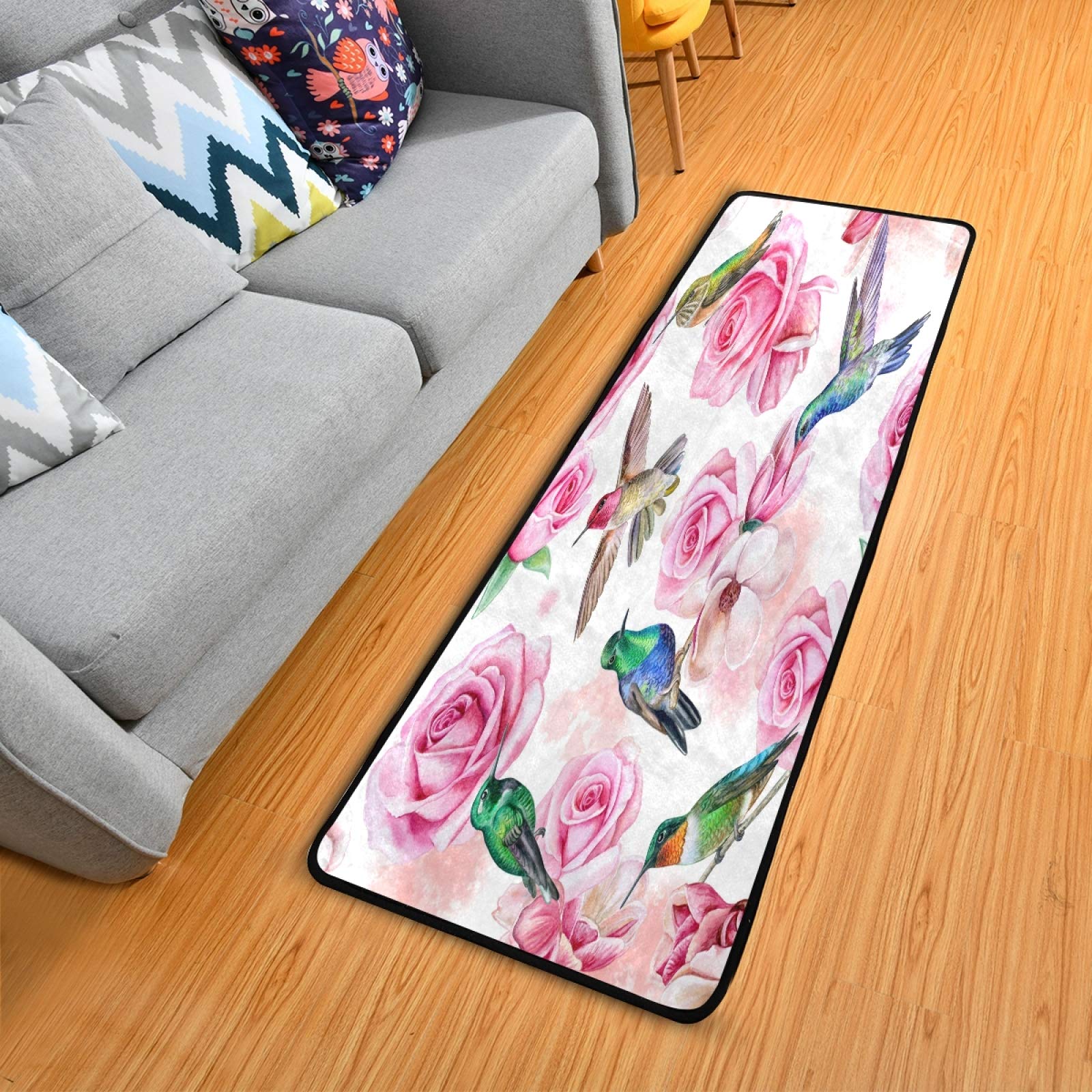 Long Runner Rug with Rose Magnolia Flower & Hummingbird Design - 2'x6' Non-Slip Hallway Carpet for Living Room, Bedroom, Bathroom & Entryway - Indoor Home Decor for Cozy Spaces & High-Traffic Areas