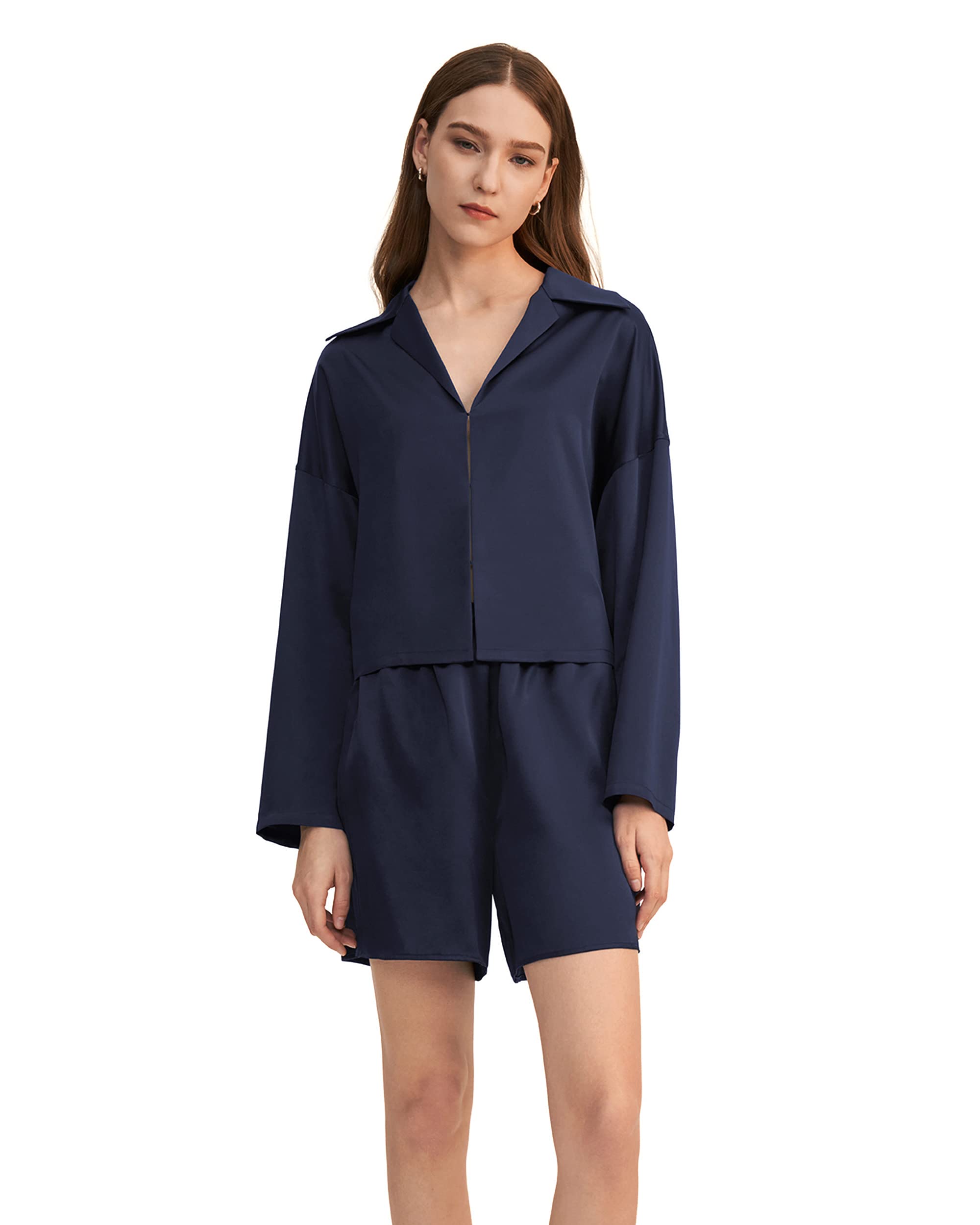 LilySilk Women's Silk Pajama Set - Minimalist Cropped Sleepwear Top & Matching Shorts 2PC Loungewear PJ Set for Comfortable Sleep & Relaxation at Home