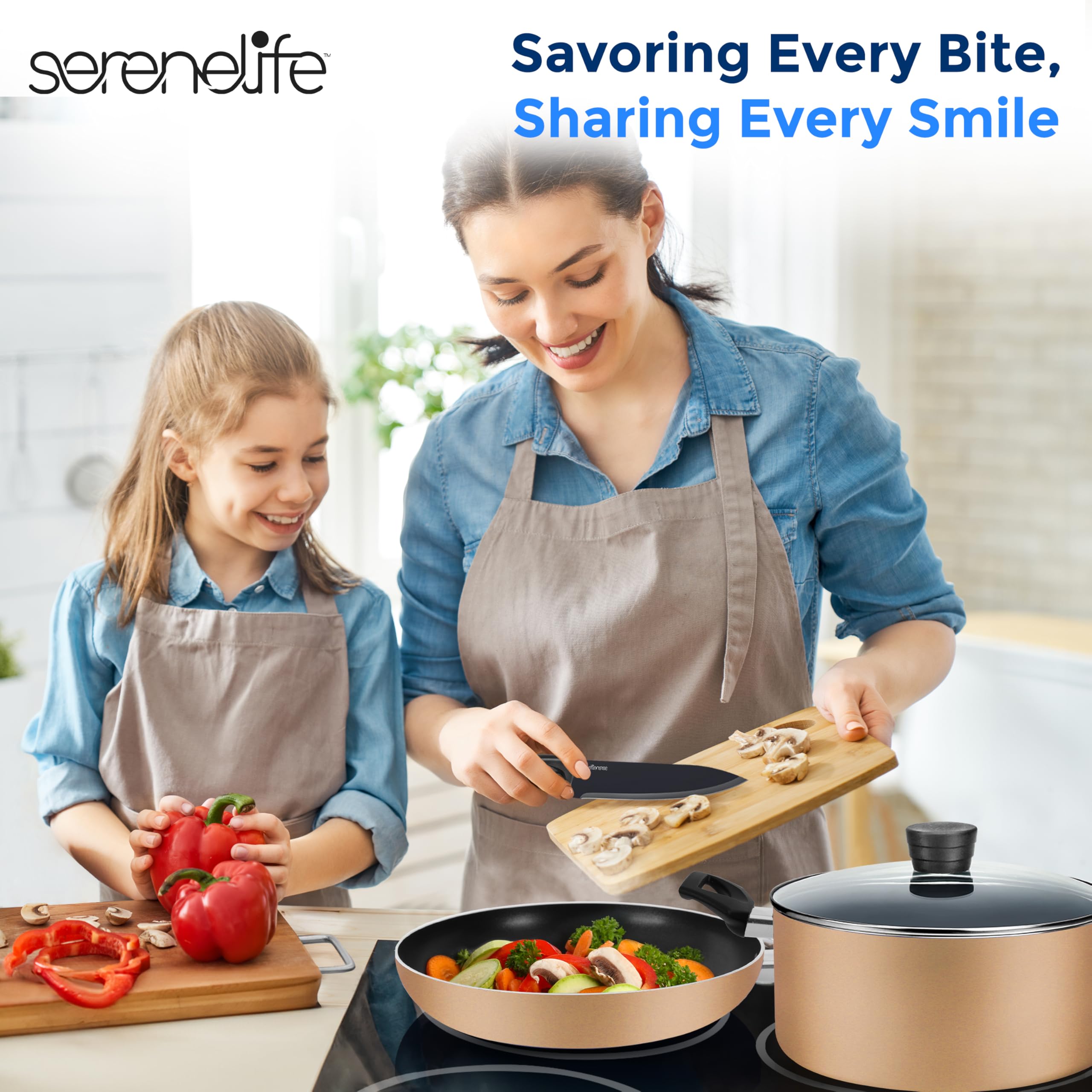 SereneLife 20-Piece Kitchen Cookware Set - Nonstick Pots & Pans with Tempered Glass Lids, Cooking Utensils & Knife Set in Gold for Home & Restaurant Use | Perfect for Frying, Boiling & Meal Prep