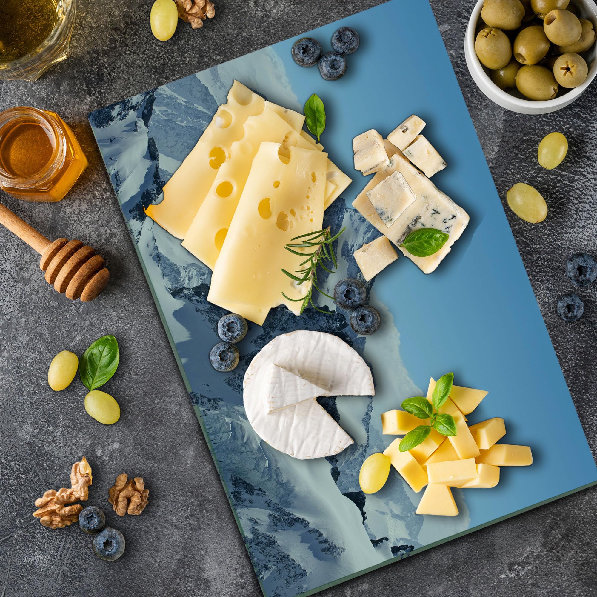 Ambesonne Winter Themed Tempered Glass Cutting Board - Snowy Rocky Mountain Peaks Landscape Design - Large White & Blue Decorative Serving Board for Cheese, Charcuterie & Holiday Entertaining - Durable Kitchen & Dining Accessory for Christmas, Winter Parties & Home Decor