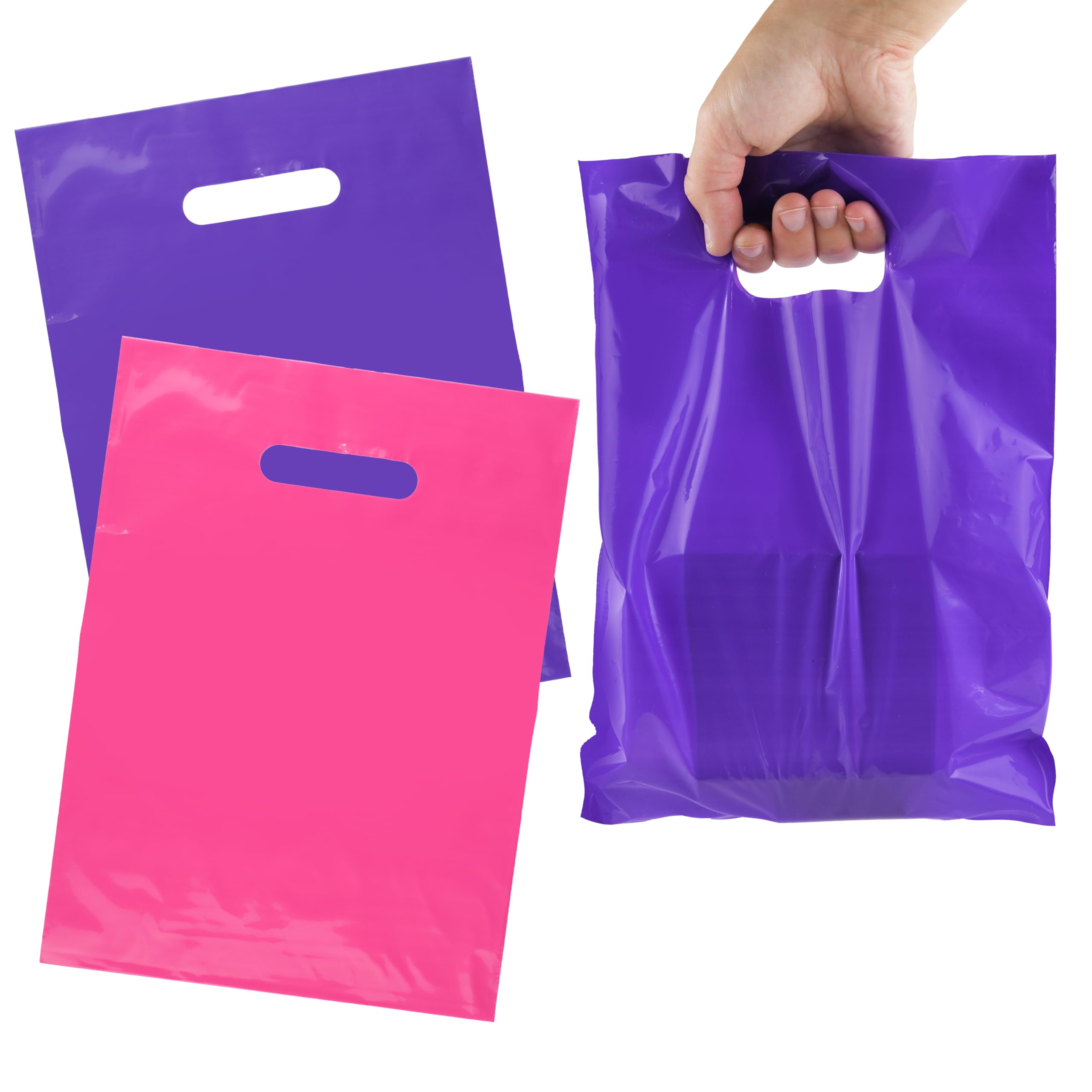 200 Pack Pink & Purple Glossy Merchandise Bags - 9x12 Inch Shopping Bags with Die-Cut Handles, 1.25 Mil Plastic Gift Bags for Retail Stores, Boutiques & Party Favors - Perfect for Weddings, Baby Showers & Birthday Gifts