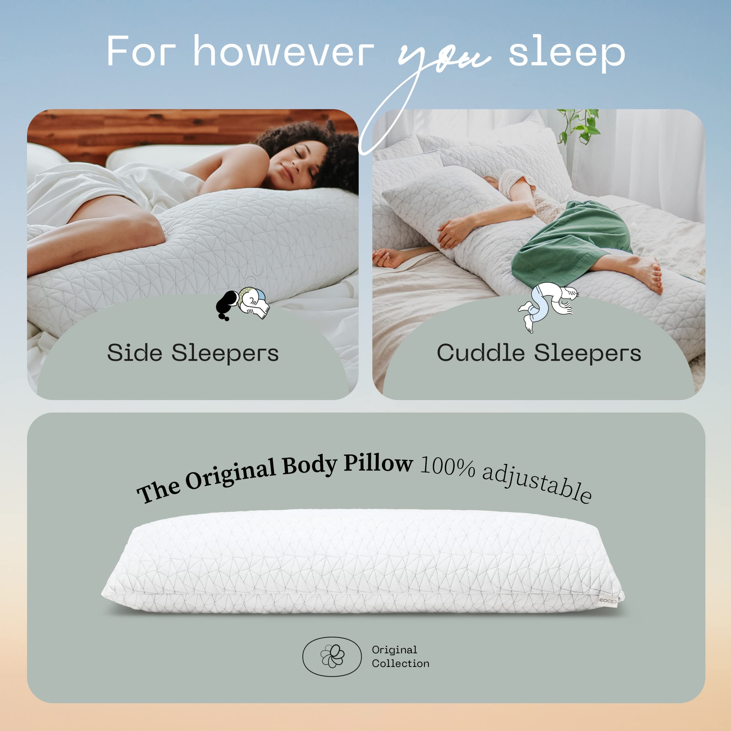Coop Home Goods Original Adjustable Body Pillow - 20x54 Inch Memory Foam Pillow for Back, Shoulder, Hip & Knee Support - Best Side Sleeper Pillow for Adults with Washable Cover - Perfect for Pregnancy, Post-Surgery & Pain Relief