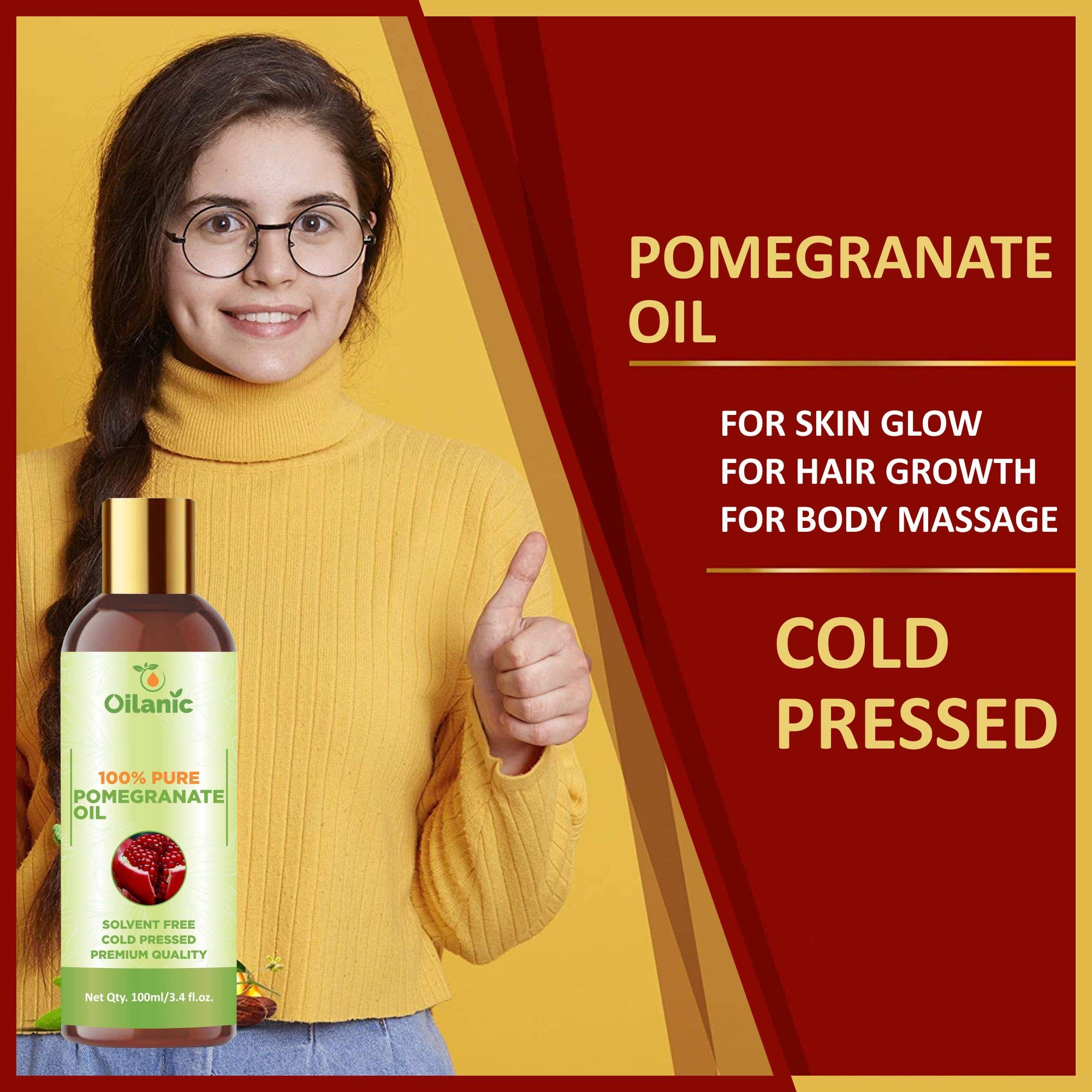 Oilanic 100% Pure & Natural Pomegranate Oil (3.4 fl oz) - Cold Pressed, Unrefined for Hair, Skin & Face Care - Perfect for DIY Beauty Recipes & Aromatherapy