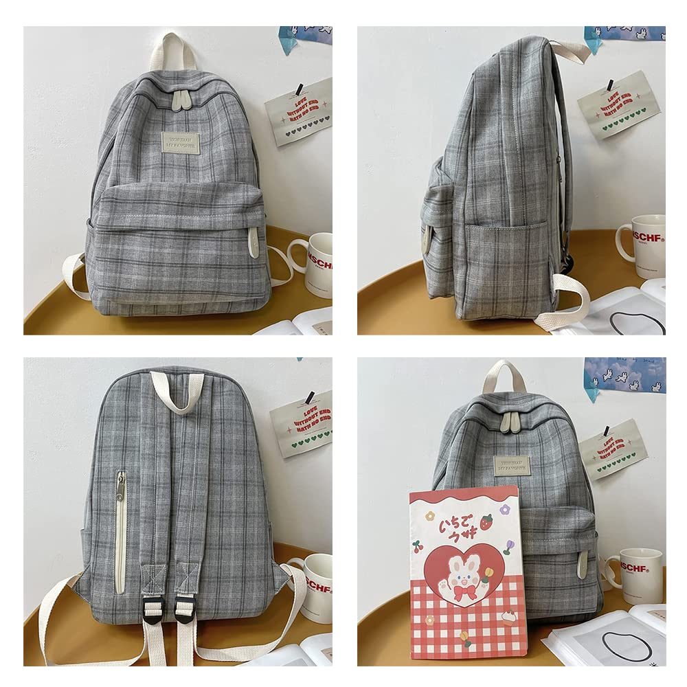 Light Academia Aesthetic Backpack - Plaid Preppy Bookbag for Teen Girls, Checkered School Backpack with Laptop Compartment (Stone) | Perfect for High School, College & Travel