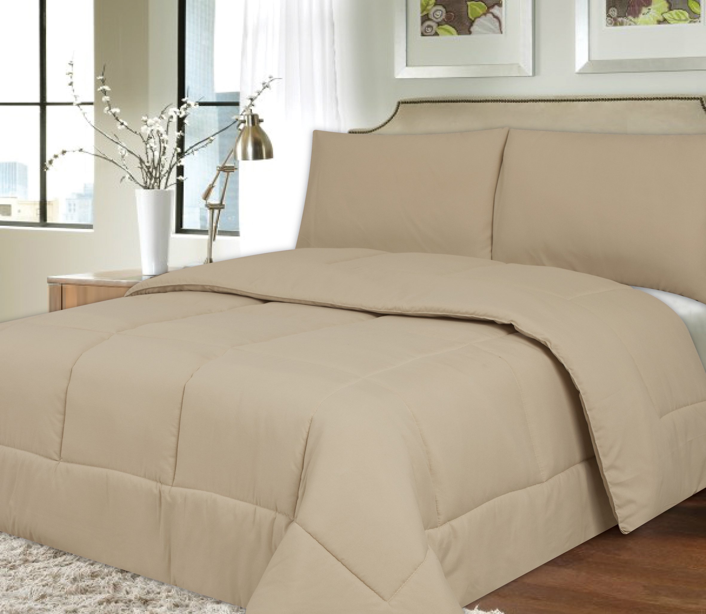 Sweet Home Collection Hypoallergenic Down Alternative Comforter - Twin Size, Beige | Soft Polyester Microfiber Box Stitch Design | Perfect for Allergy Sufferers & Cozy Bedroom Decor