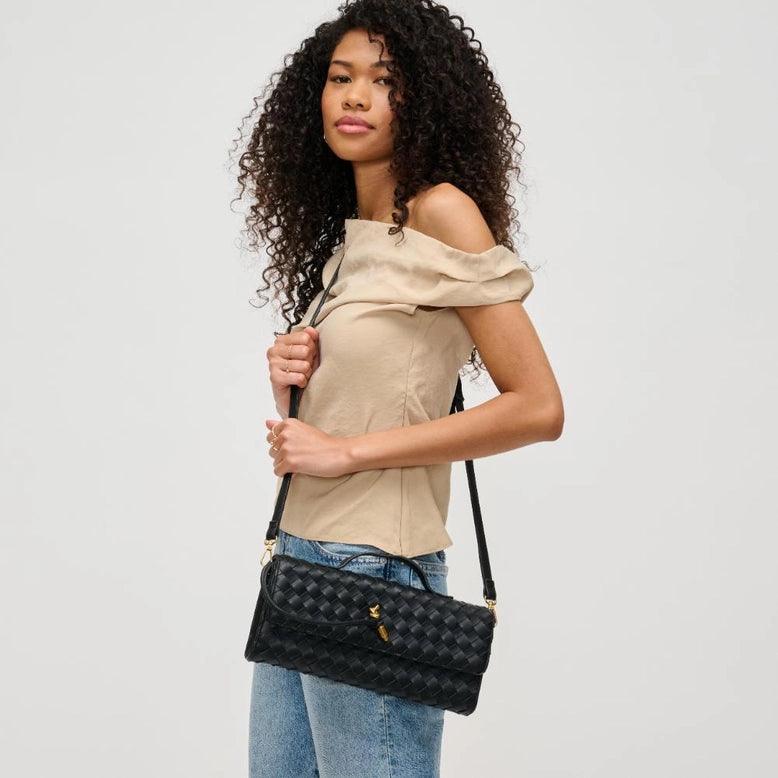 Ada Top Handle Woven East West Clutch Crossbody Bag in Black - Perfect for Evening Parties, Weddings & Date Nights