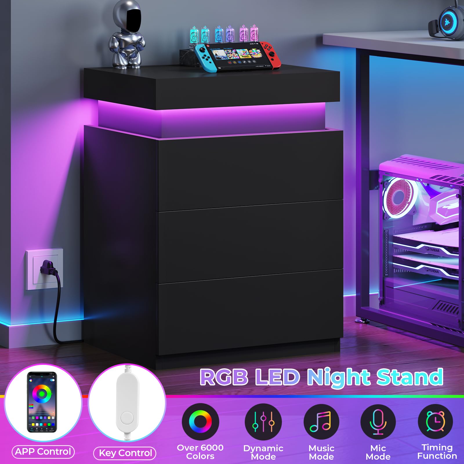 2-Pack LED Nightstands with Charging Station & Power Outlets - Modern Bedside Tables with Sliding Top & Drawers for Bedroom - Black End Side Tables (Perfect for Small Spaces & Apartment Living)