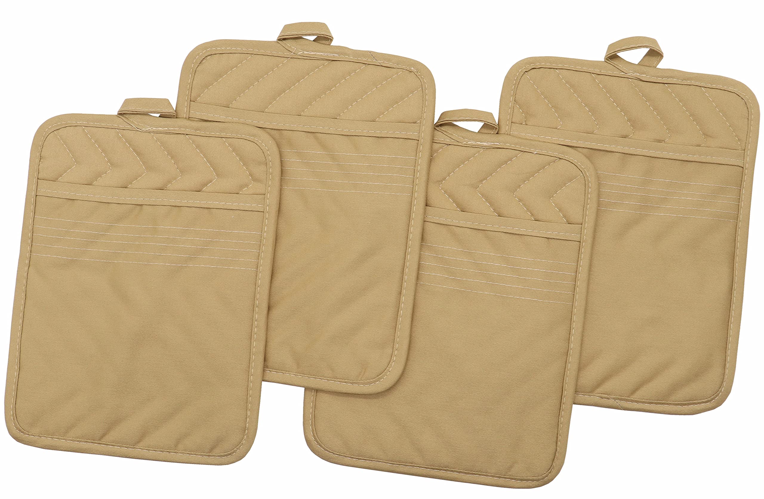 Cotton Pocket Pot Holders Set of 4 - Heat Resistant 7”x 9” Kitchen Trivets for Cooking, Baking, and Serving (Khaki) - Perfect for Hot Dishes, Pans, and Table Protection