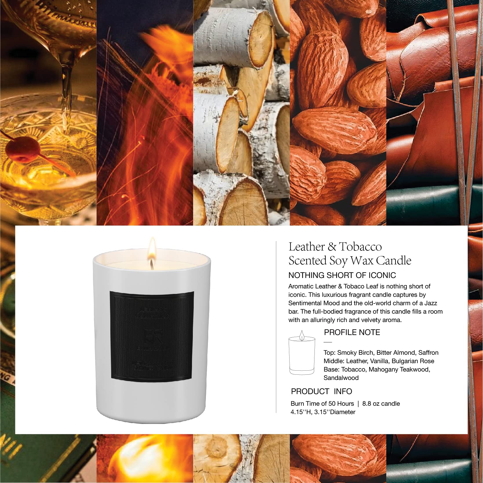 ESNA HOME Leblanc Leather & Tobacco Scented Soy Candle - 8.8oz All Natural Essential Oils Aromatherapy Candle - 50 Hours Burn Time - Perfect for Mother's Day Gifts, Home Decor & Relaxation