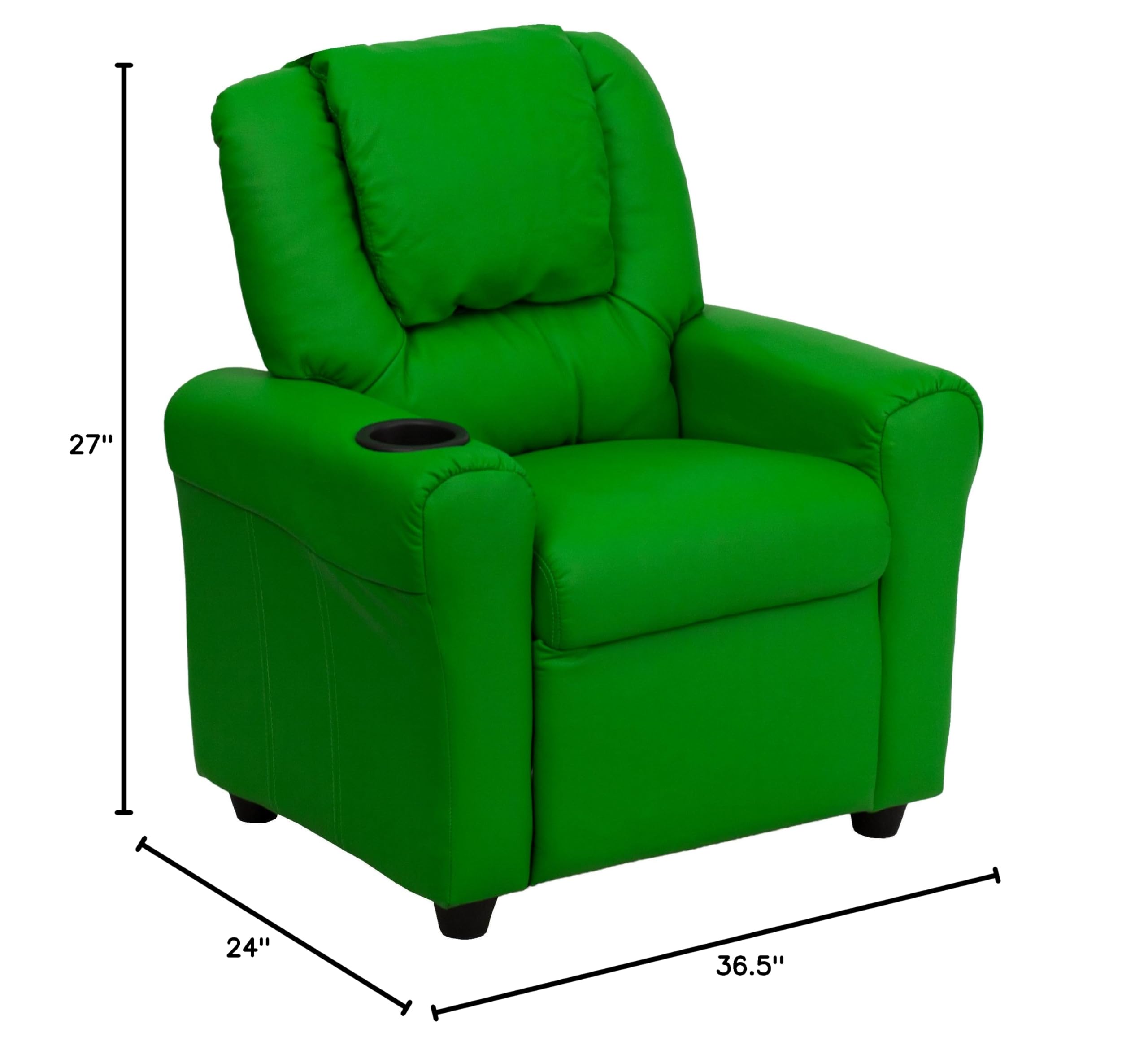 Comfortable Green Vinyl Kids Recliner Chair with Cup Holder & Headrest - Perfect for Playrooms, Bedrooms & Movie Nights