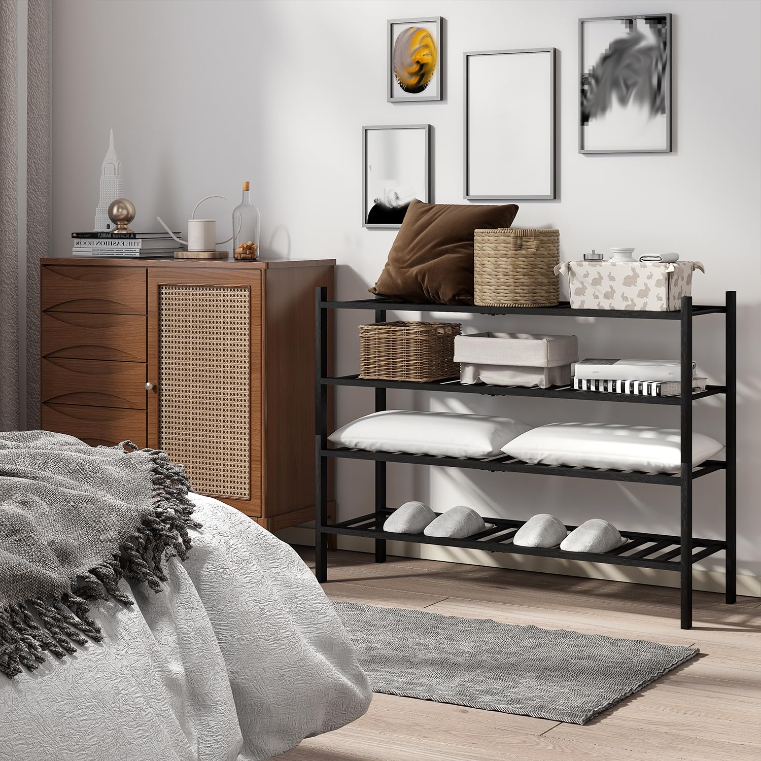 4-Tier Bamboo Shoe Rack Organizer - Stackable Shoe Shelf for Closet, Entryway & Hallway - Space Saving Shoe Storage Solution for Sneakers, Boots & Sandals (Black) - Perfect for Small Apartments & Mudroom Organization