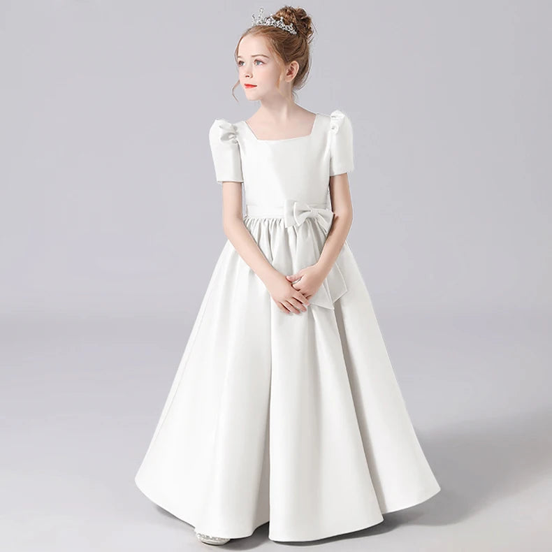 Elegant Lace-Up Flower Girl Dress for Pageants - Soft Satin Girls Gown for Weddings, Baptisms & Special Occasions