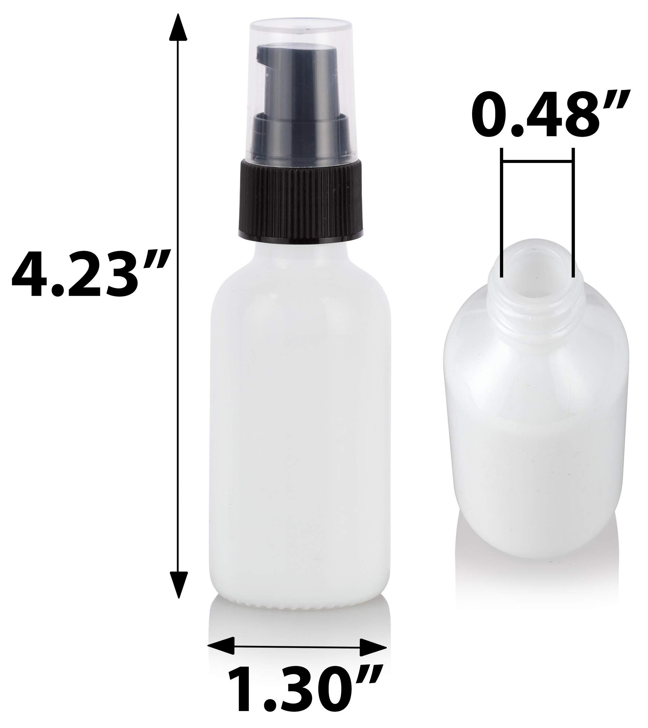 JUVITUS 1 oz Opal White Glass Boston Round Bottles with Black Treatment Pump (24 Pack) + Funnel - Perfect for Essential Oils, DIY Skincare & Travel-Sized Beauty Products