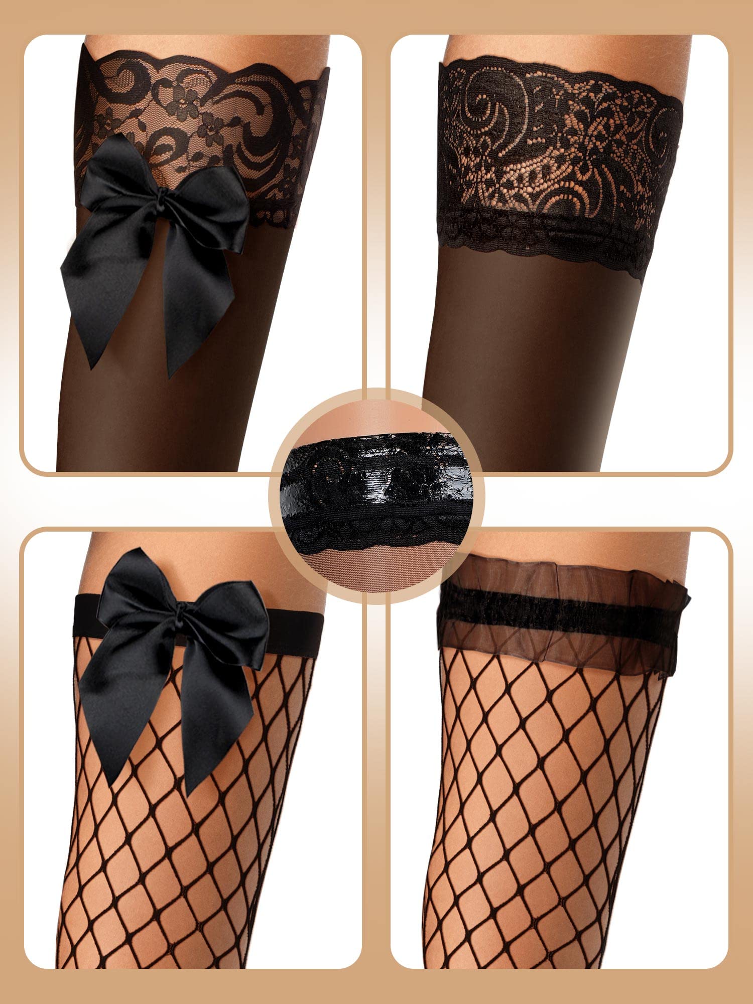 Bencailor 4 Pairs Fishnet Thigh High Stockings - Silicone Lace Top Sheer Over Knee Stockings for Women | Sexy & Comfortable Silky Stockings for Party, Cosplay & Everyday Wear