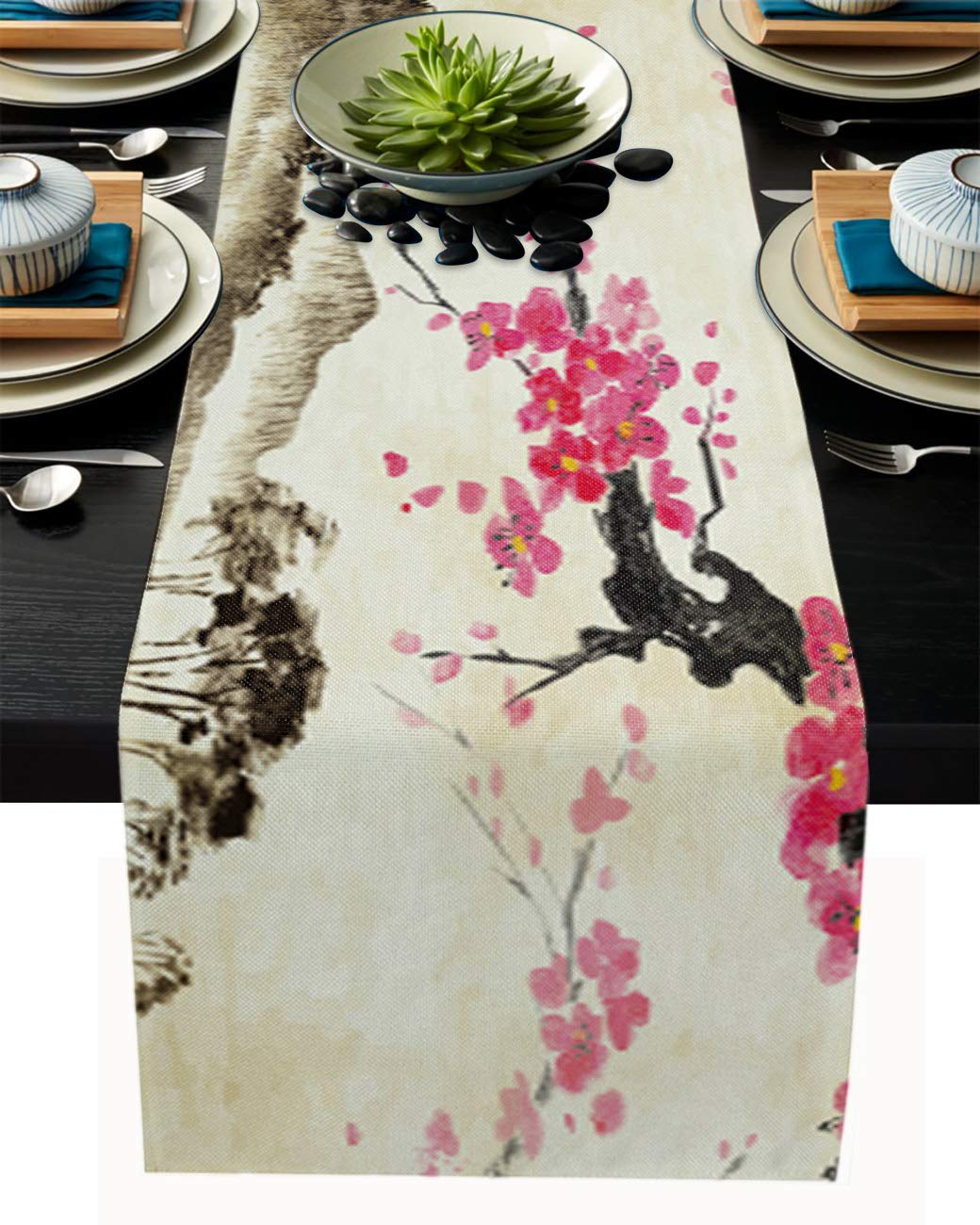 Black and Red Cherry Blossom Cotton Linen Table Runner - 13x120 Inch Rectangular Dining Table Scarf for Farmhouse Kitchen, Wedding, Party & Holiday Decor - Perfect for Dinner Tables, Buffets, and Dresser Decoration