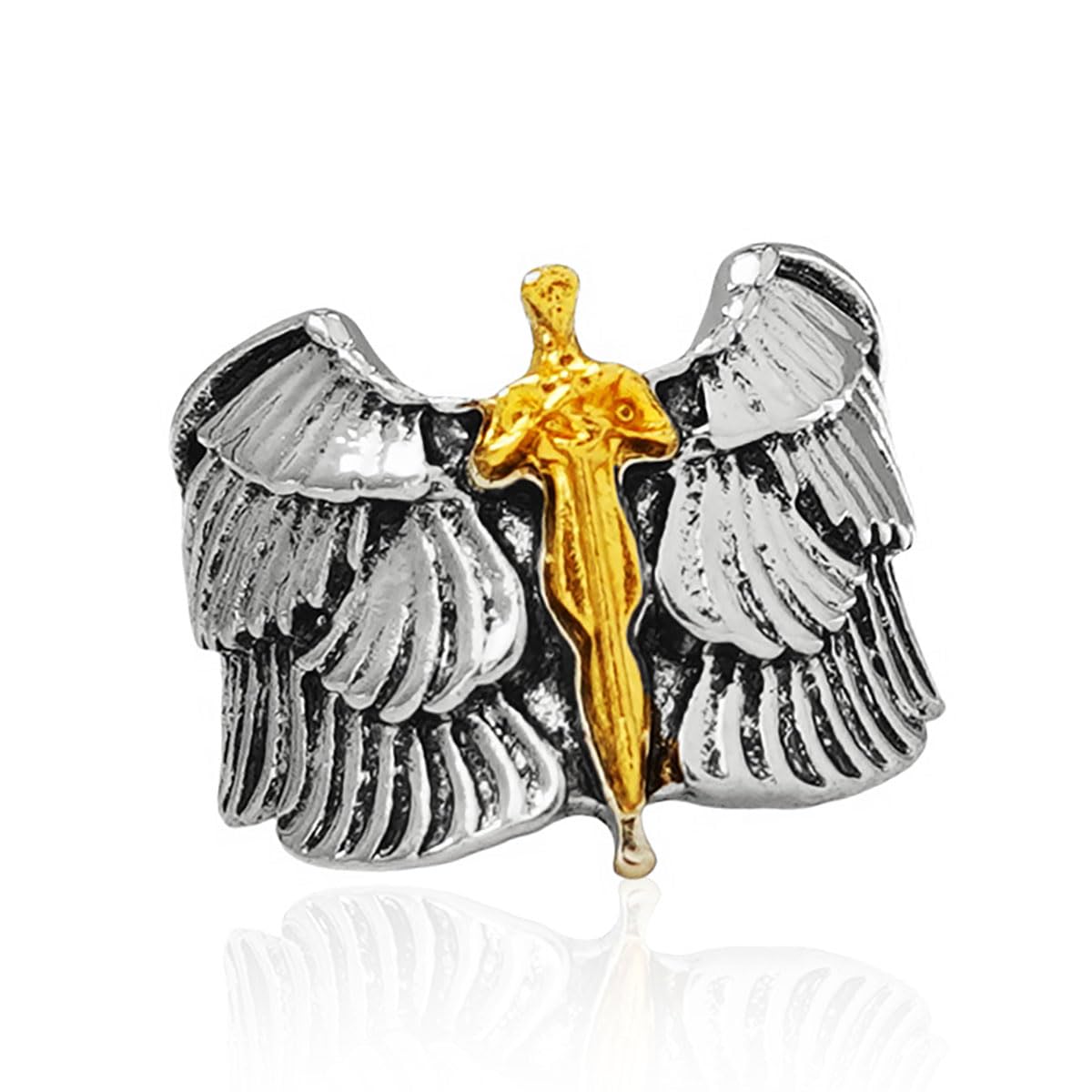 Vintage Gold Angel Wing Ring for Men - Norse Viking & Greek Mythology Inspired Sword Ring - Punk Jewelry for Men - Perfect for Gothic, Medieval, and Fantasy Costume Accessories