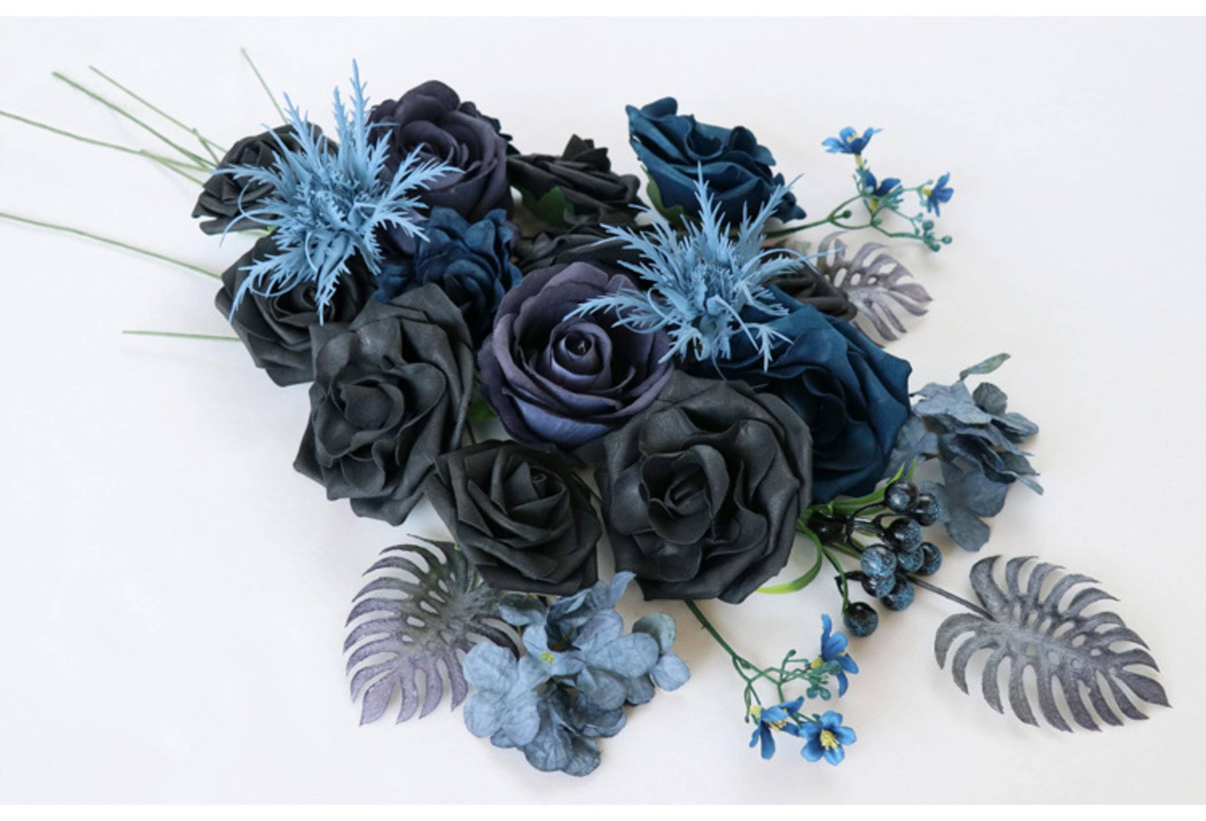 Blue and Black Artificial Rose Flower Box - Wedding Bouquet, Bridal Shower, Party Decor, Valentine's Day Gift - Perfect for Home Decoration, Wedding Centerpieces & Photo Frame Ornamental Flowers